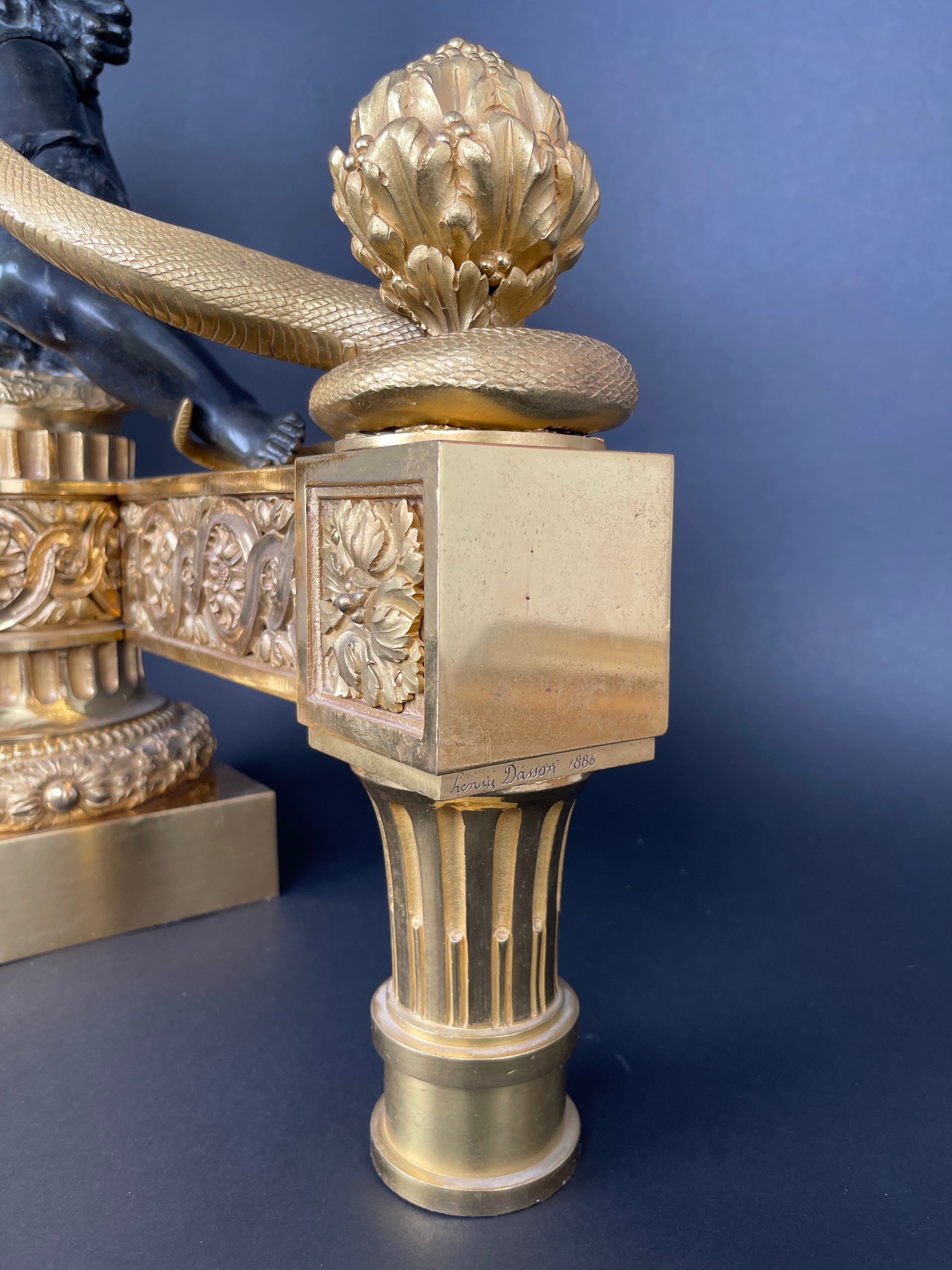 A Large Pair Of Ormolu & Patinated Bronze Chenets By Henry Dasson