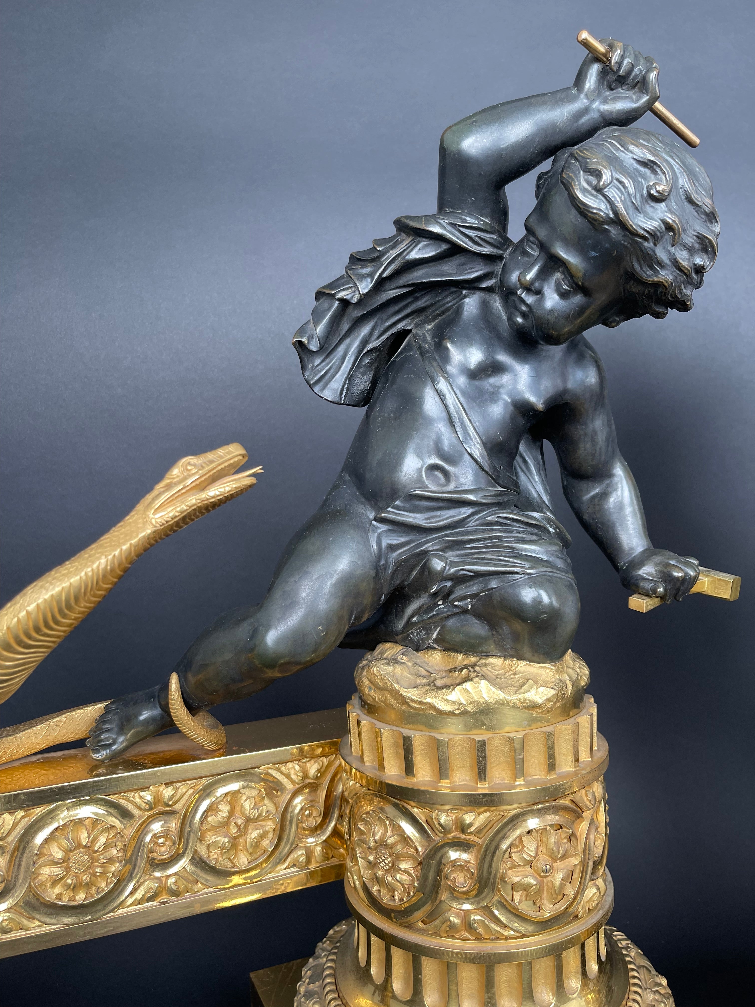 A Large Pair Of Ormolu & Patinated Bronze Chenets By Henry Dasson