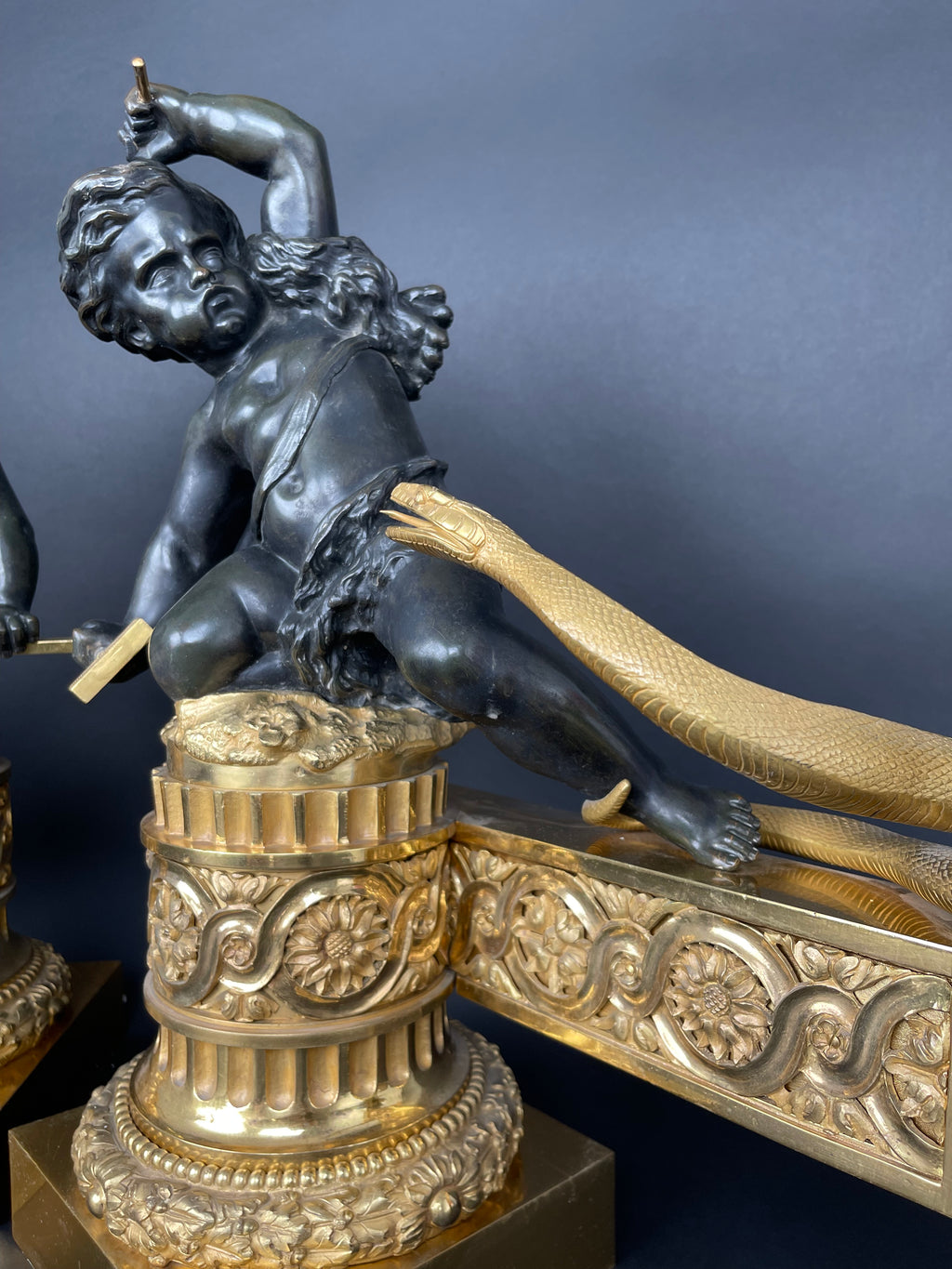 A Large Pair Of Ormolu & Patinated Bronze Chenets By Henry Dasson