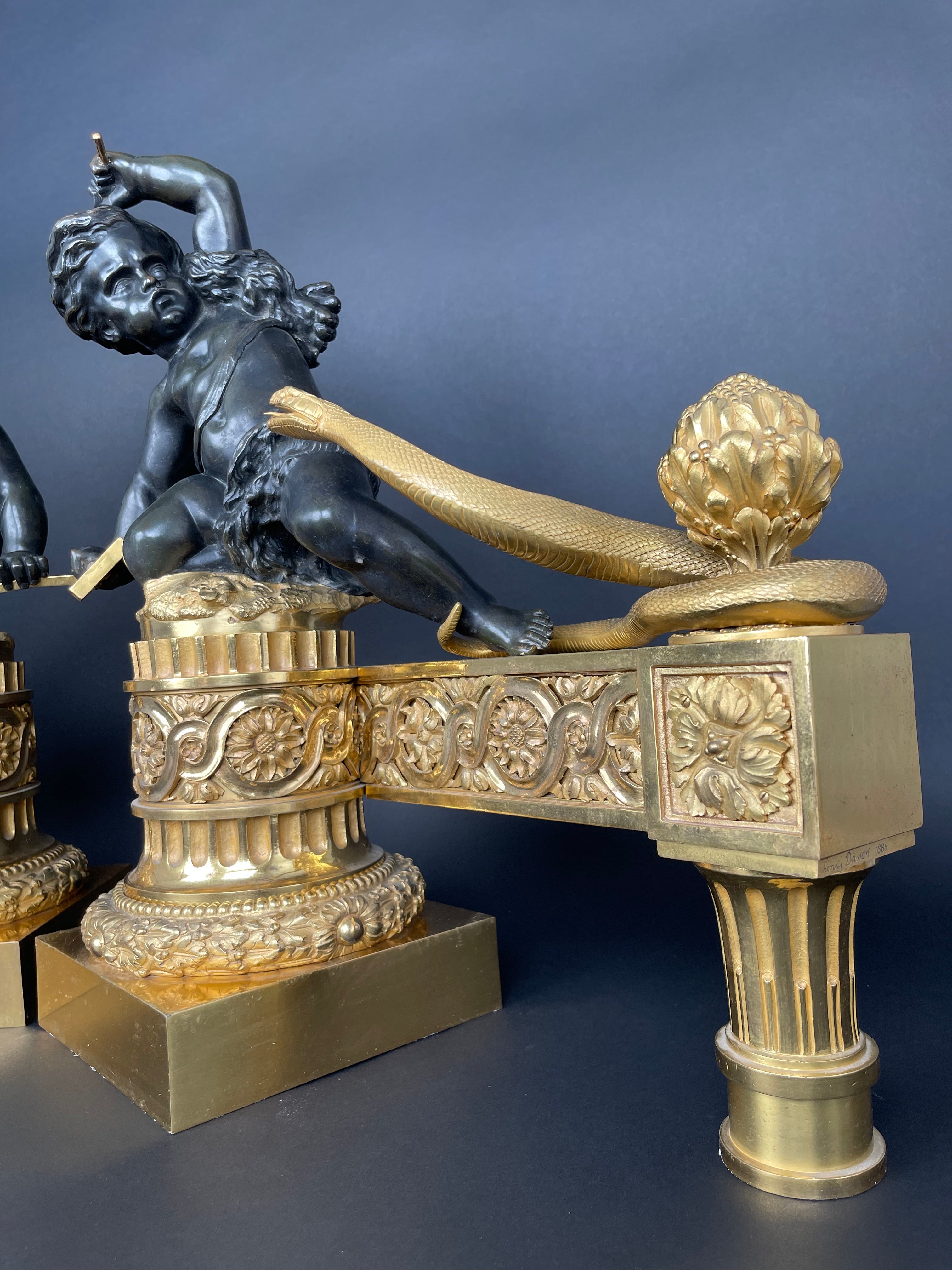 A Large Pair Of Ormolu & Patinated Bronze Chenets By Henry Dasson