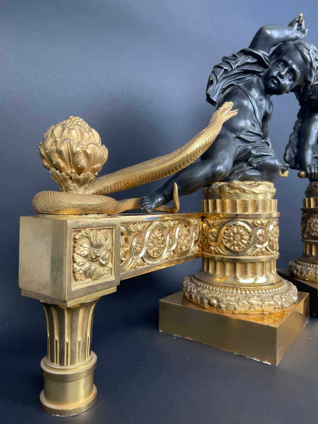 A Large Pair Of Ormolu & Patinated Bronze Chenets By Henry Dasson