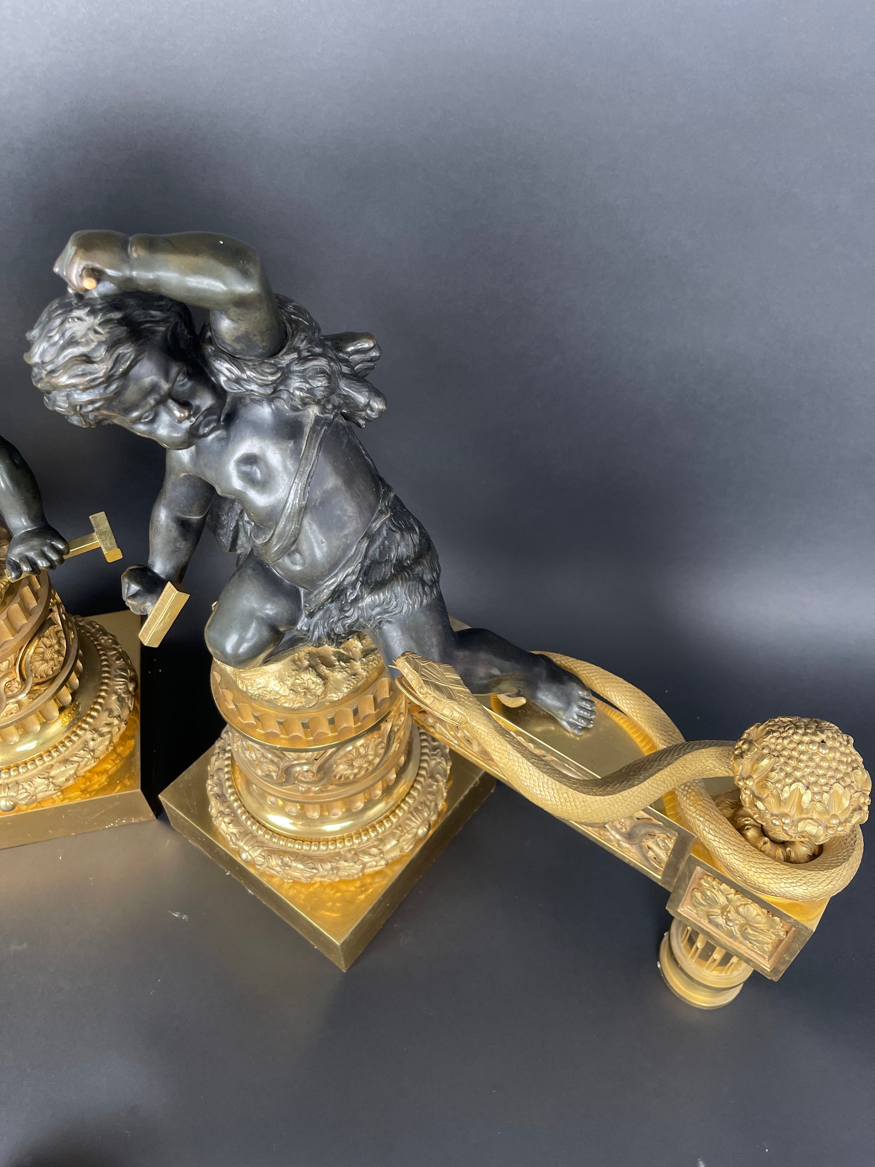 A Large Pair Of Ormolu & Patinated Bronze Chenets By Henry Dasson