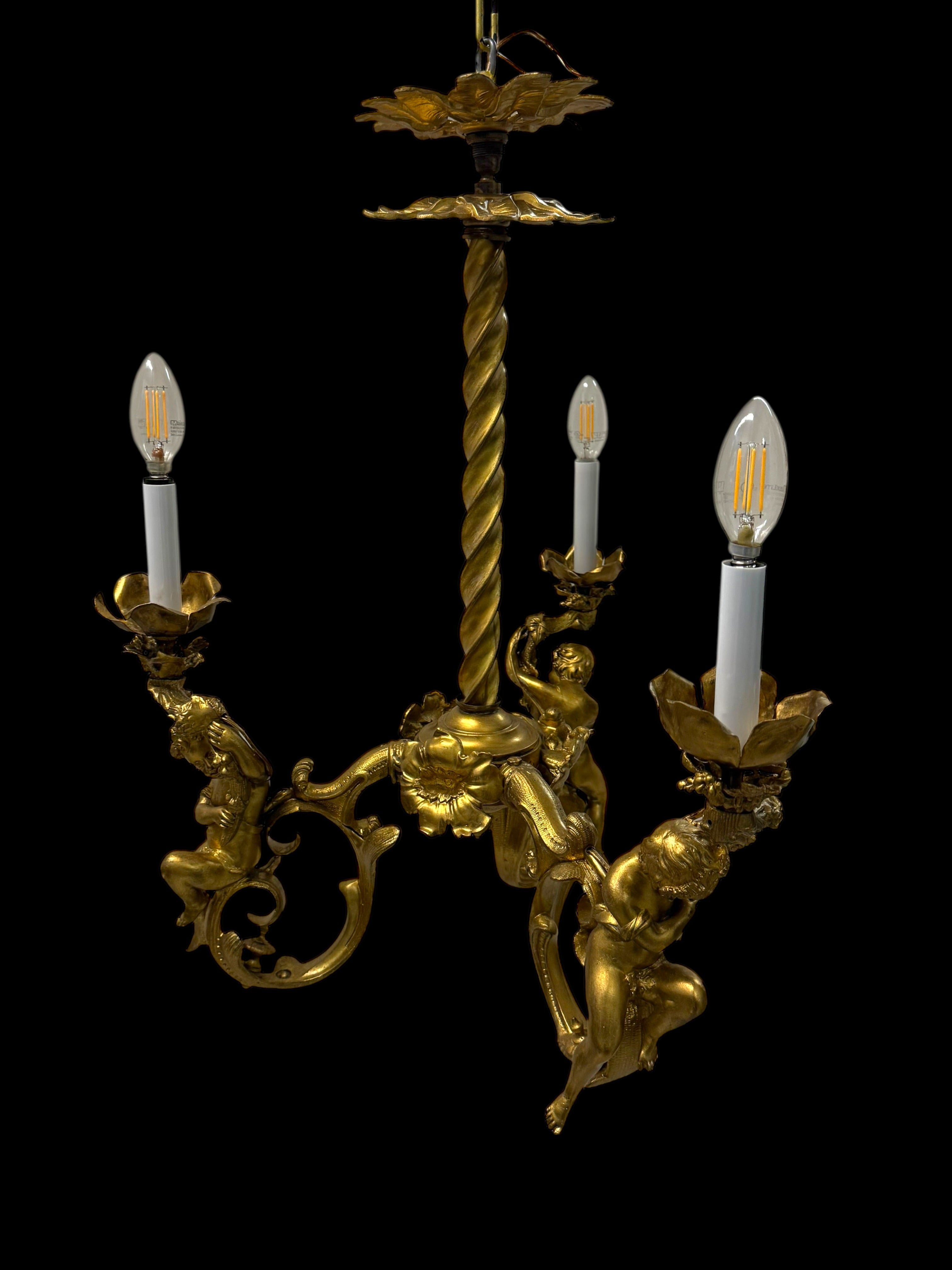 19th Century French Gilt Bronze Three-Light Chandelier By Marchand