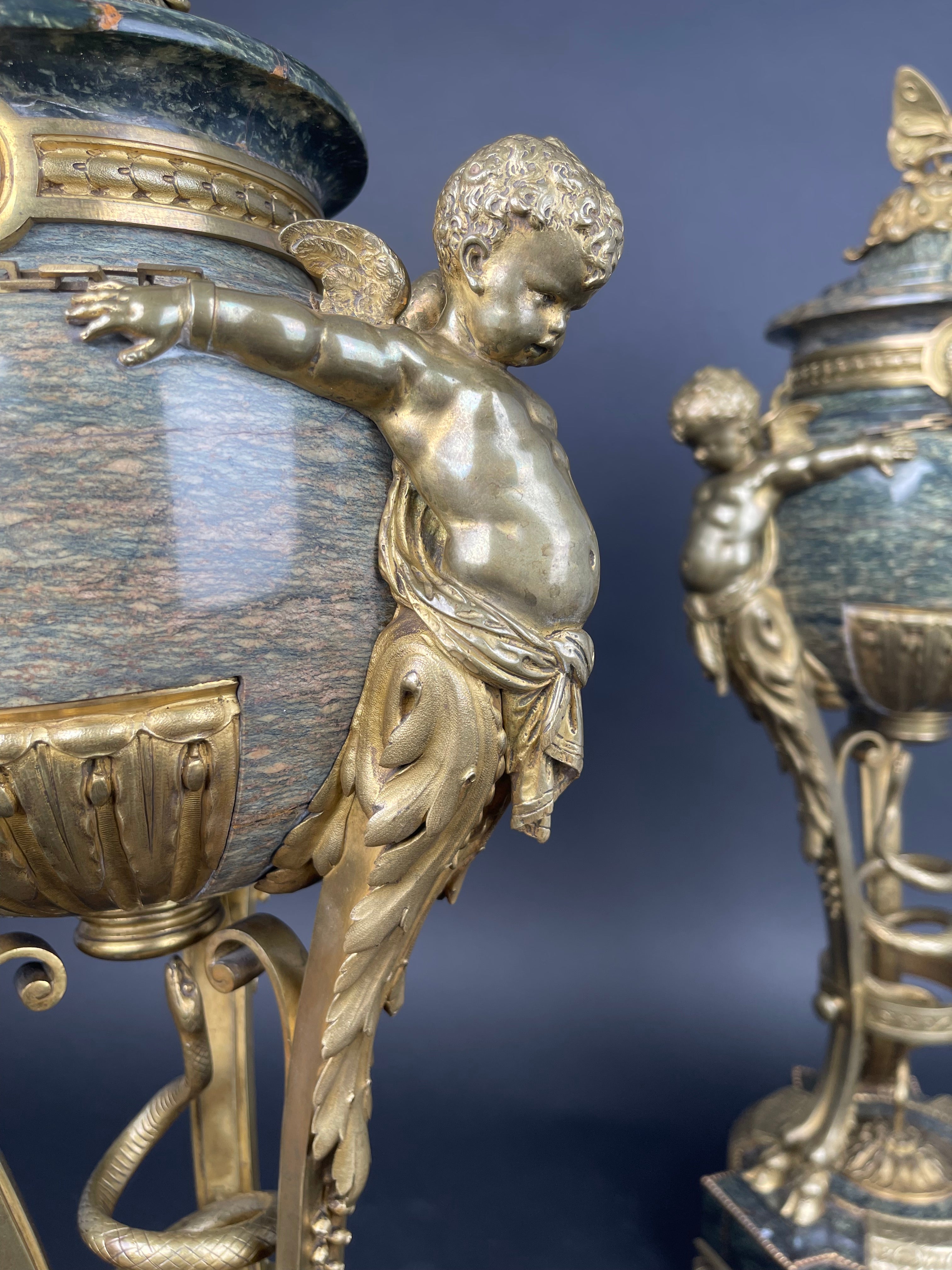 19th century French Ormolu Mounted Obsidian Urns
