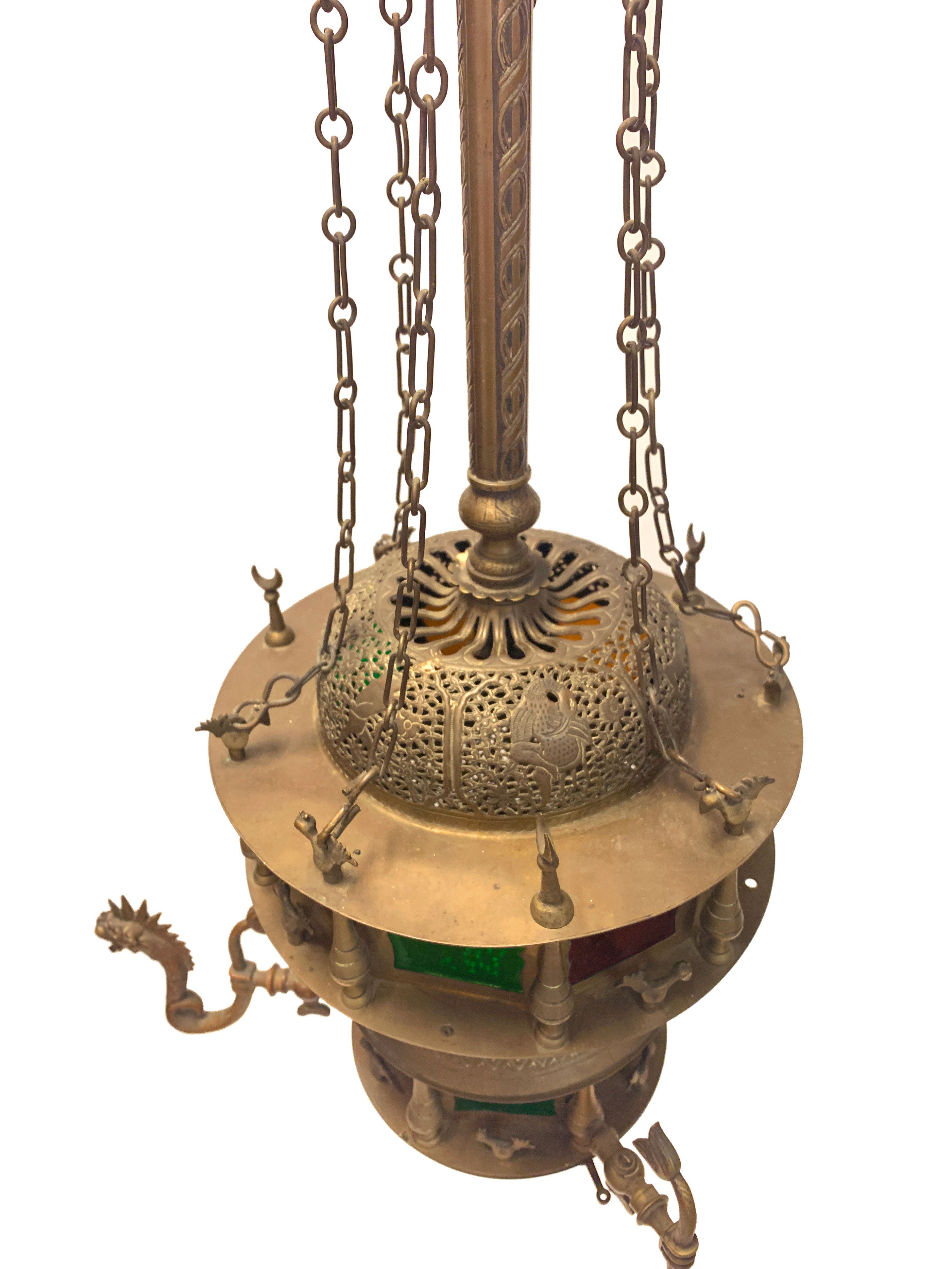 19th C. Moroccan Brass & Colored Glass Figural Chandelier