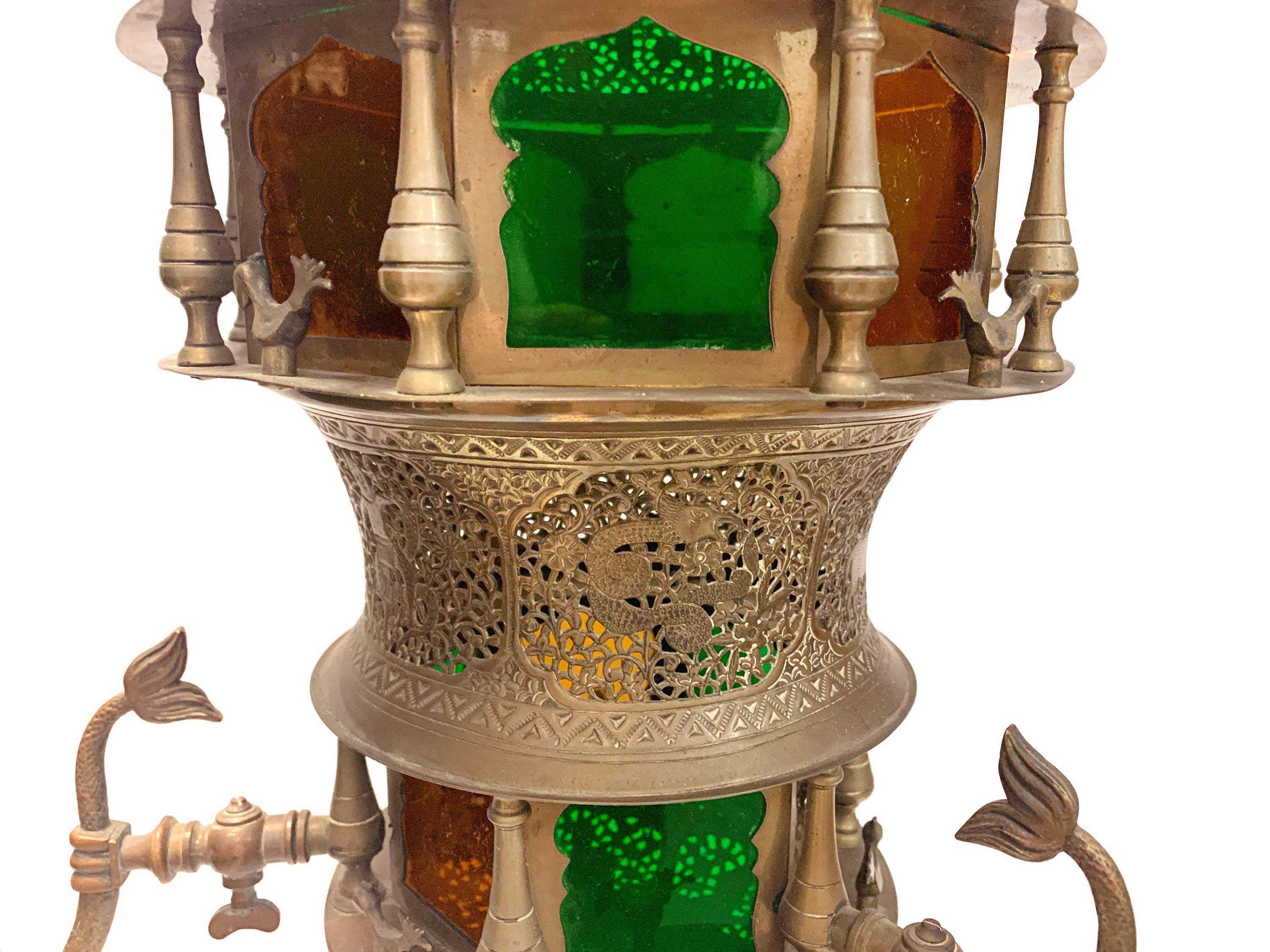 19th C. Moroccan Brass & Colored Glass Figural Chandelier