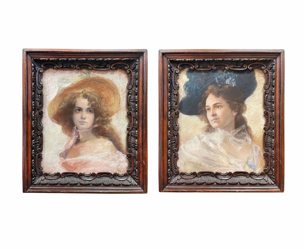 Pair of 19th C. French Pastel Portrait of Beautiful Young Women With Carved Wood