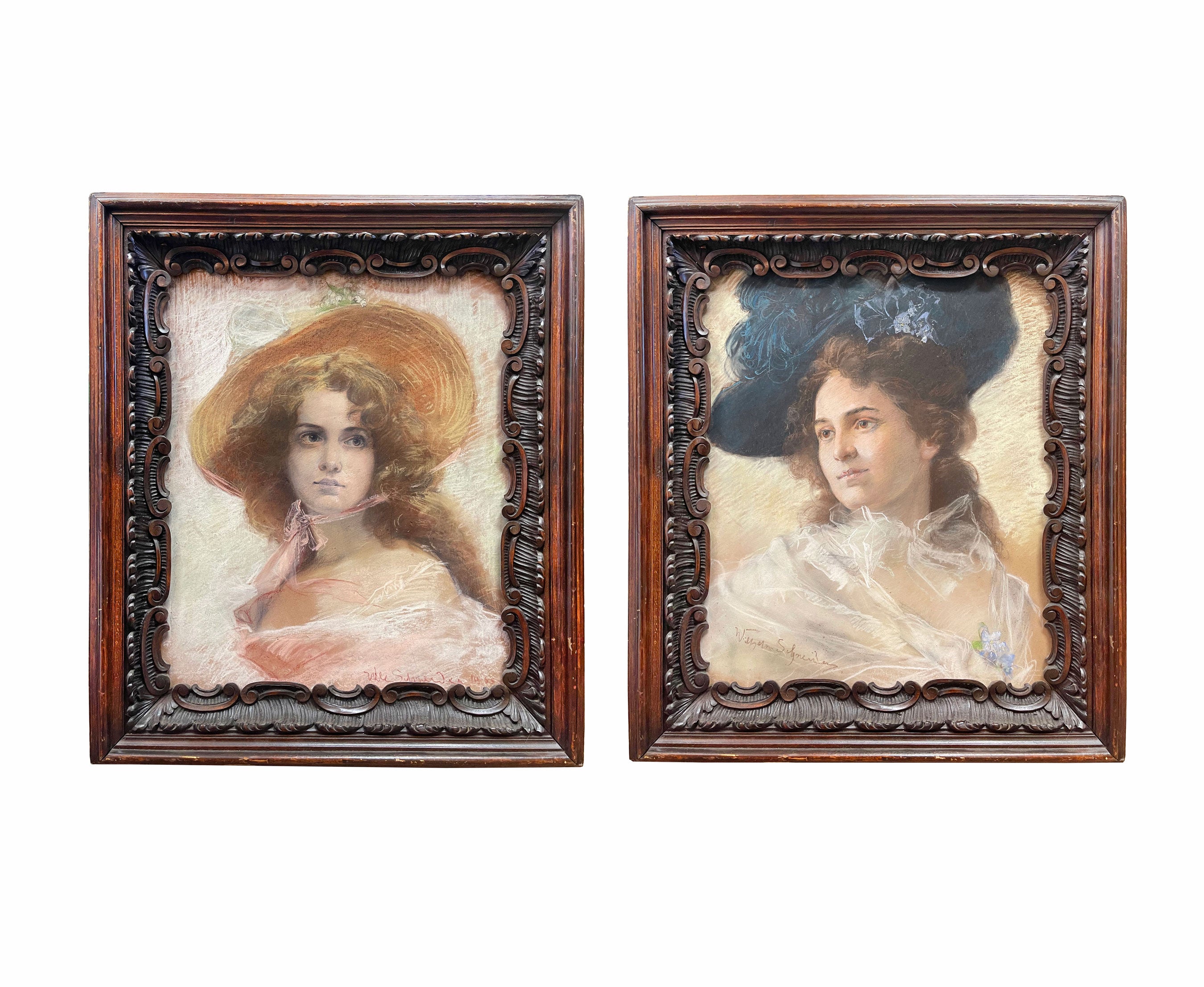 Pair of 19th C. French Pastel Portrait of Beautiful Young Women With Carved Wood