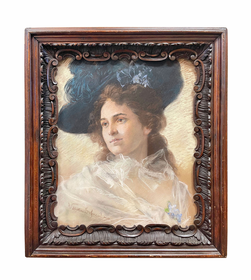 Pair of 19th C. French Pastel Portrait of Beautiful Young Women With Carved Wood