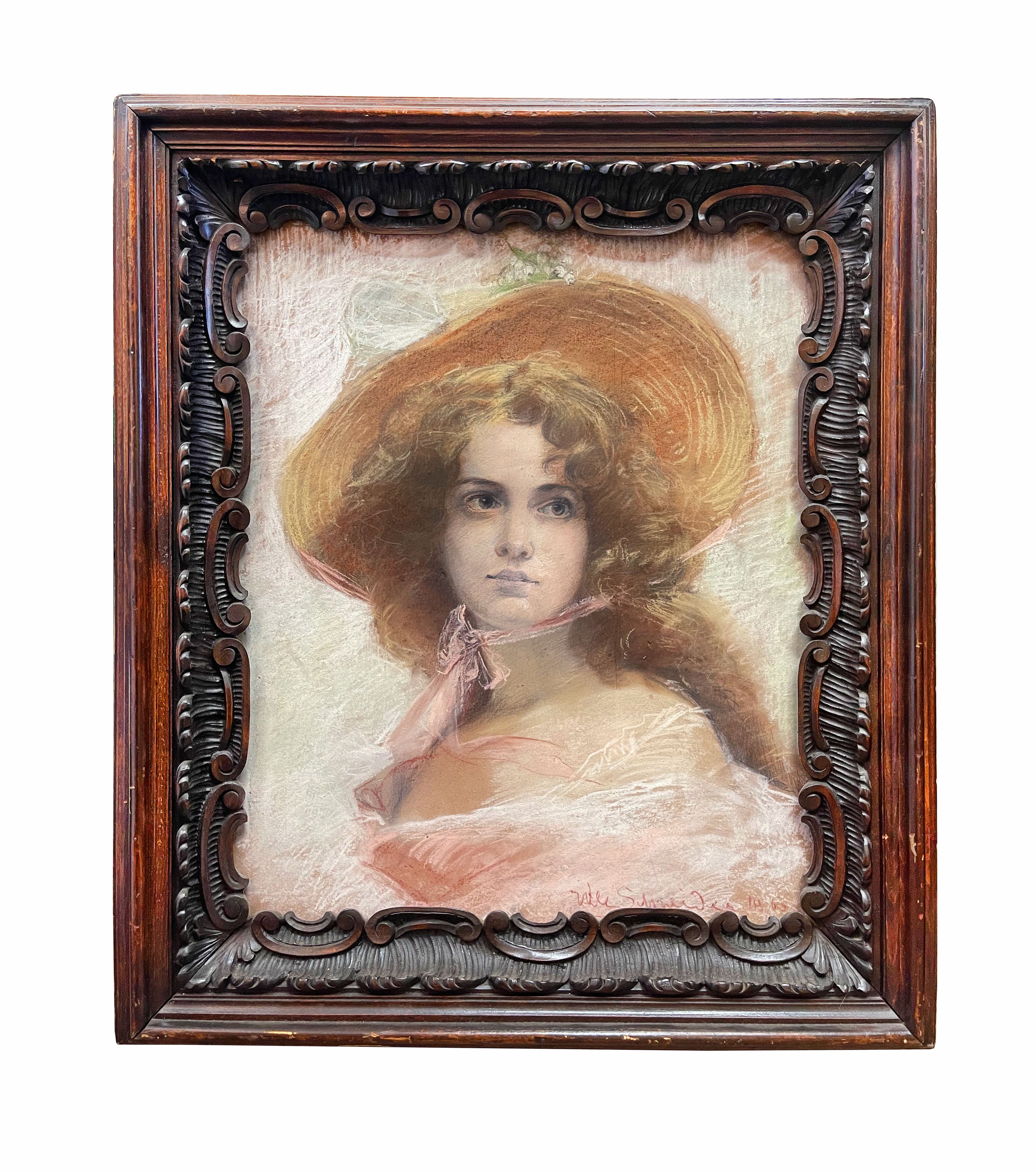Pair of 19th C. French Pastel Portrait of Beautiful Young Women With Carved Wood
