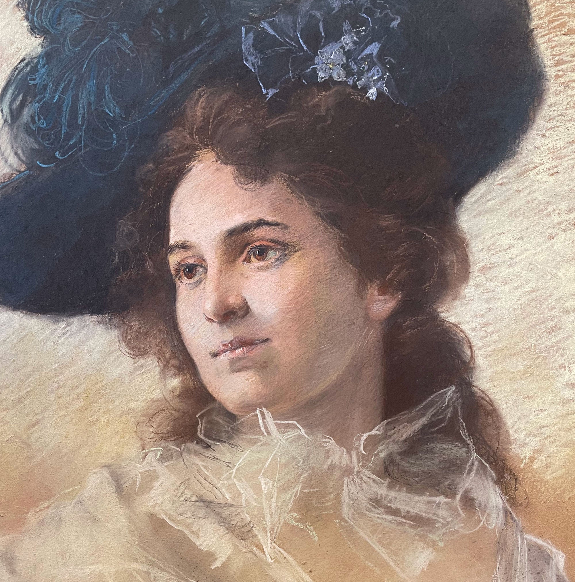 Pair of 19th C. French Pastel Portrait of Beautiful Young Women With Carved Wood