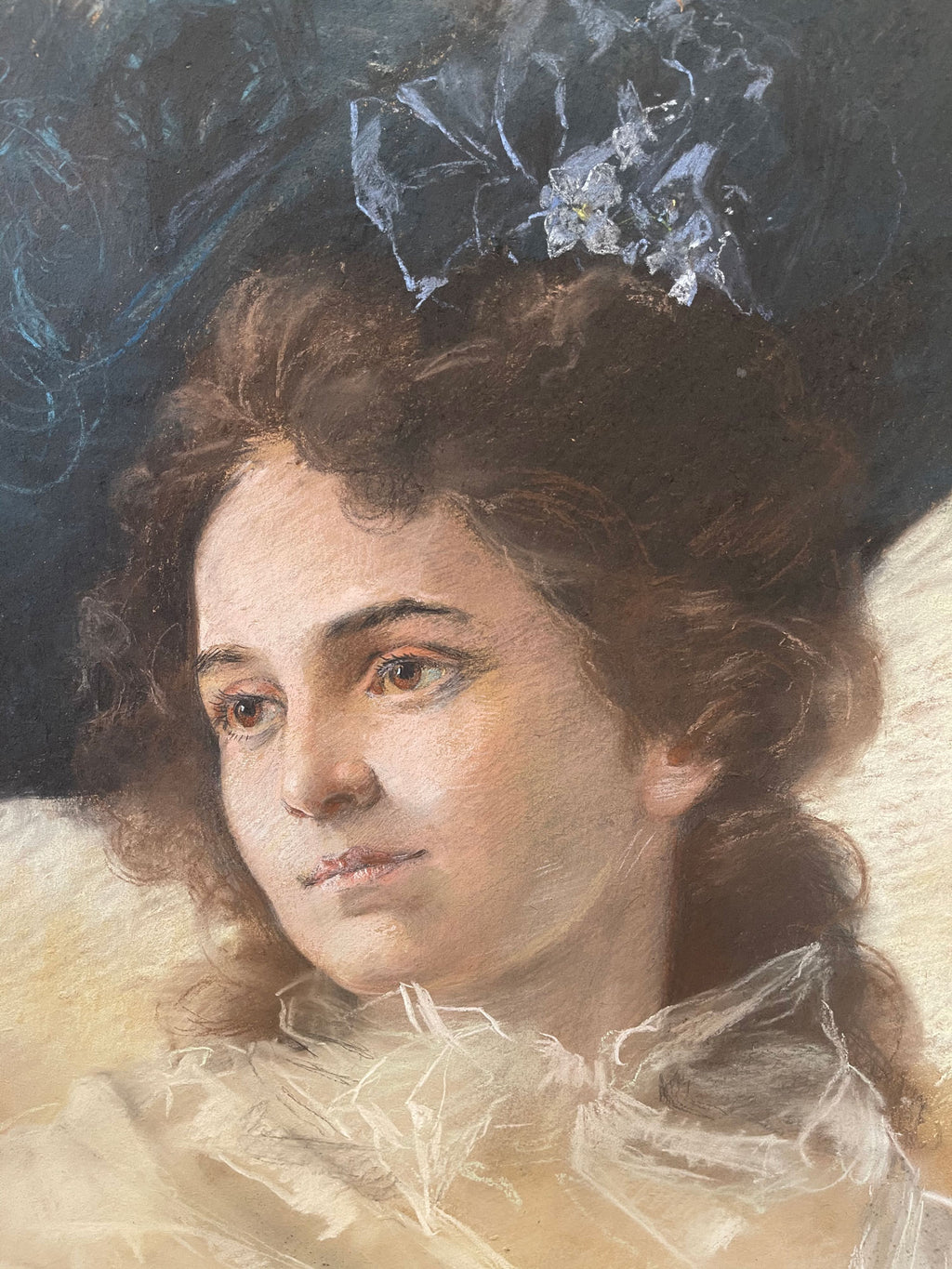 Pair of 19th C. French Pastel Portrait of Beautiful Young Women With Carved Wood