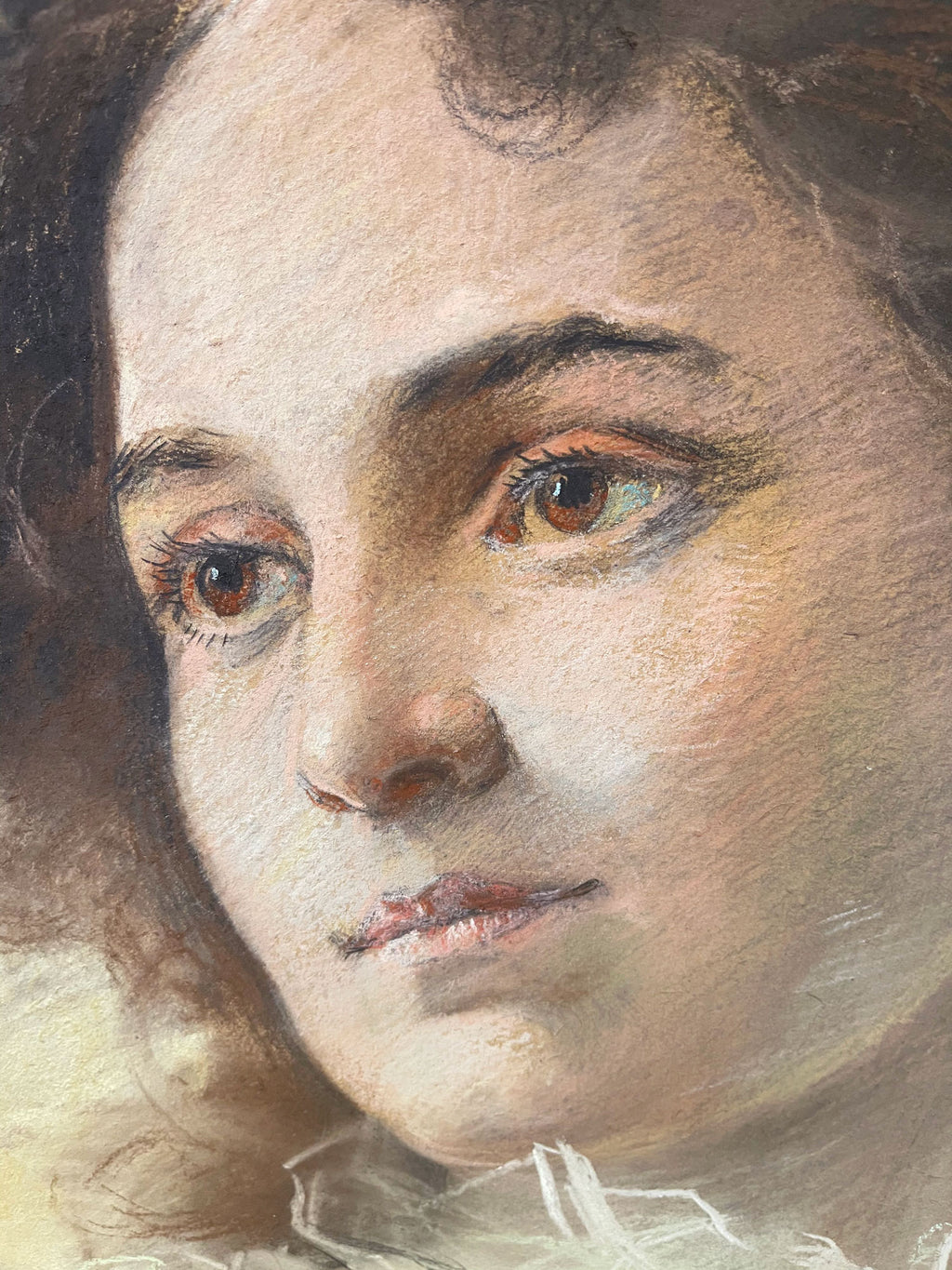 Pair of 19th C. French Pastel Portrait of Beautiful Young Women With Carved Wood