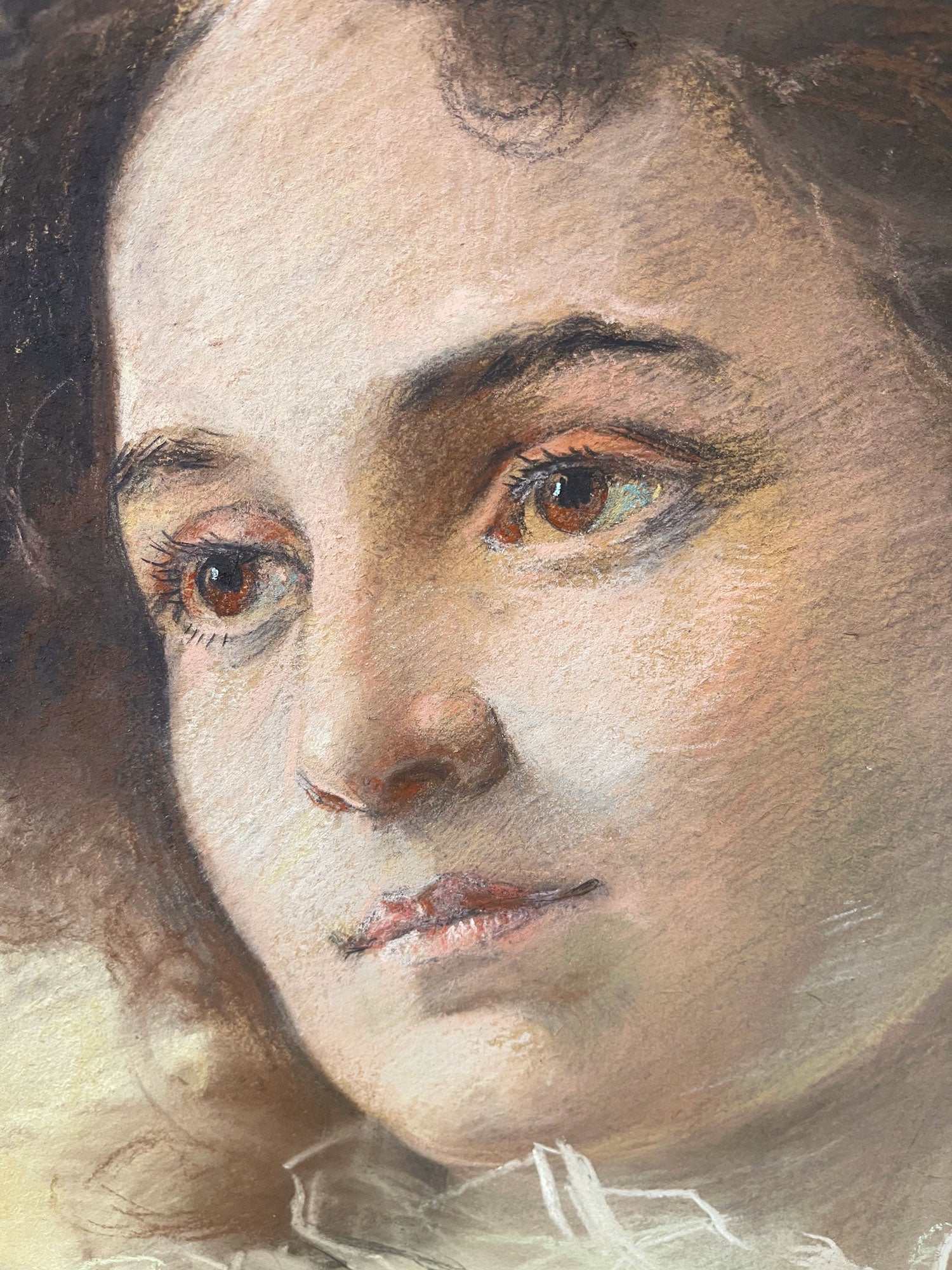 Pair of 19th C. French Pastel Portrait of Beautiful Young Women With Carved Wood