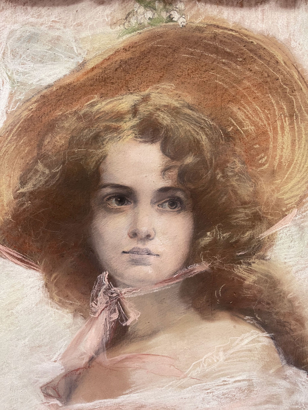 Pair of 19th C. French Pastel Portrait of Beautiful Young Women With Carved Wood