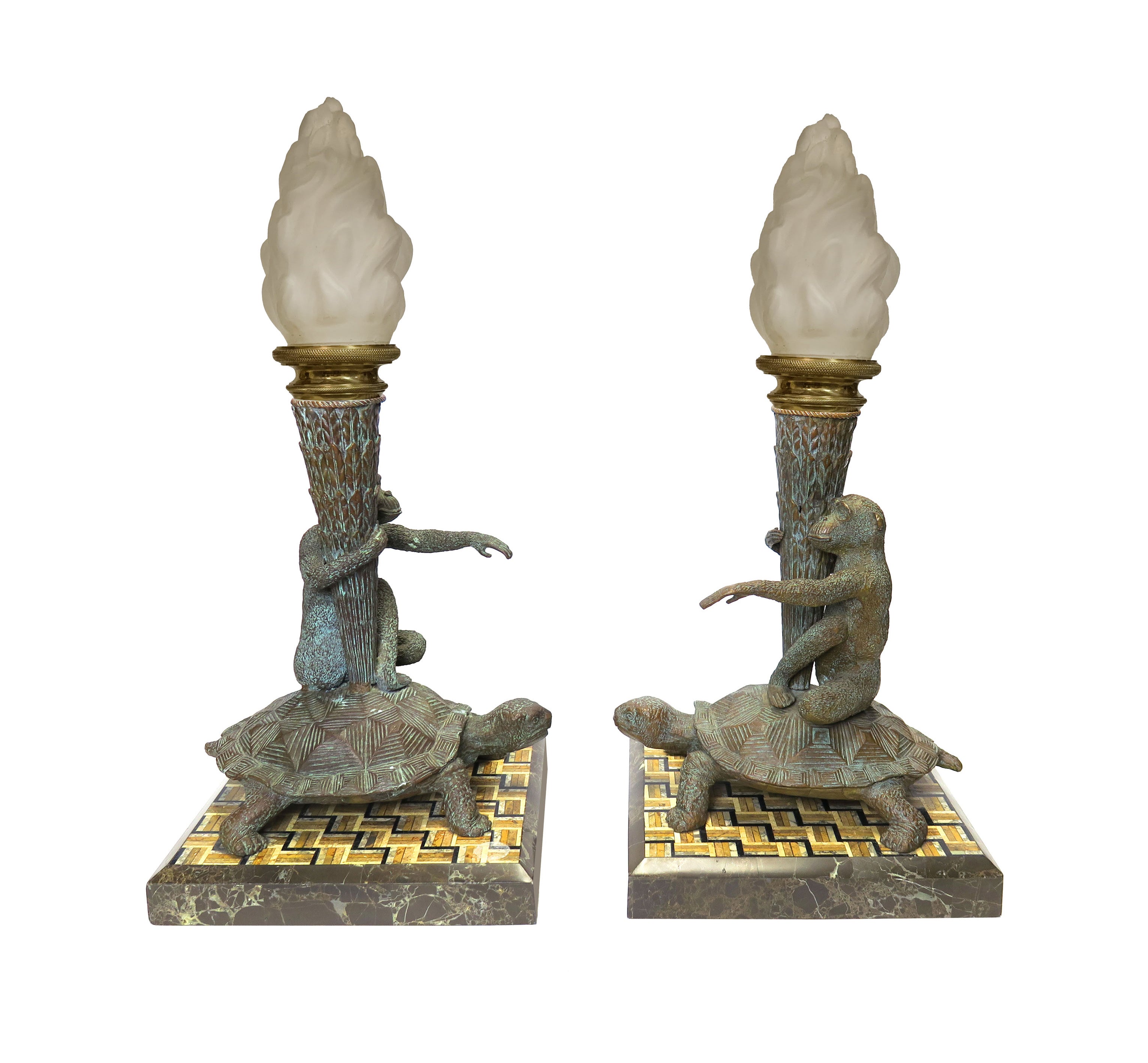 A Pair of Bronze Figural Lamp Mounted Pietra Dura