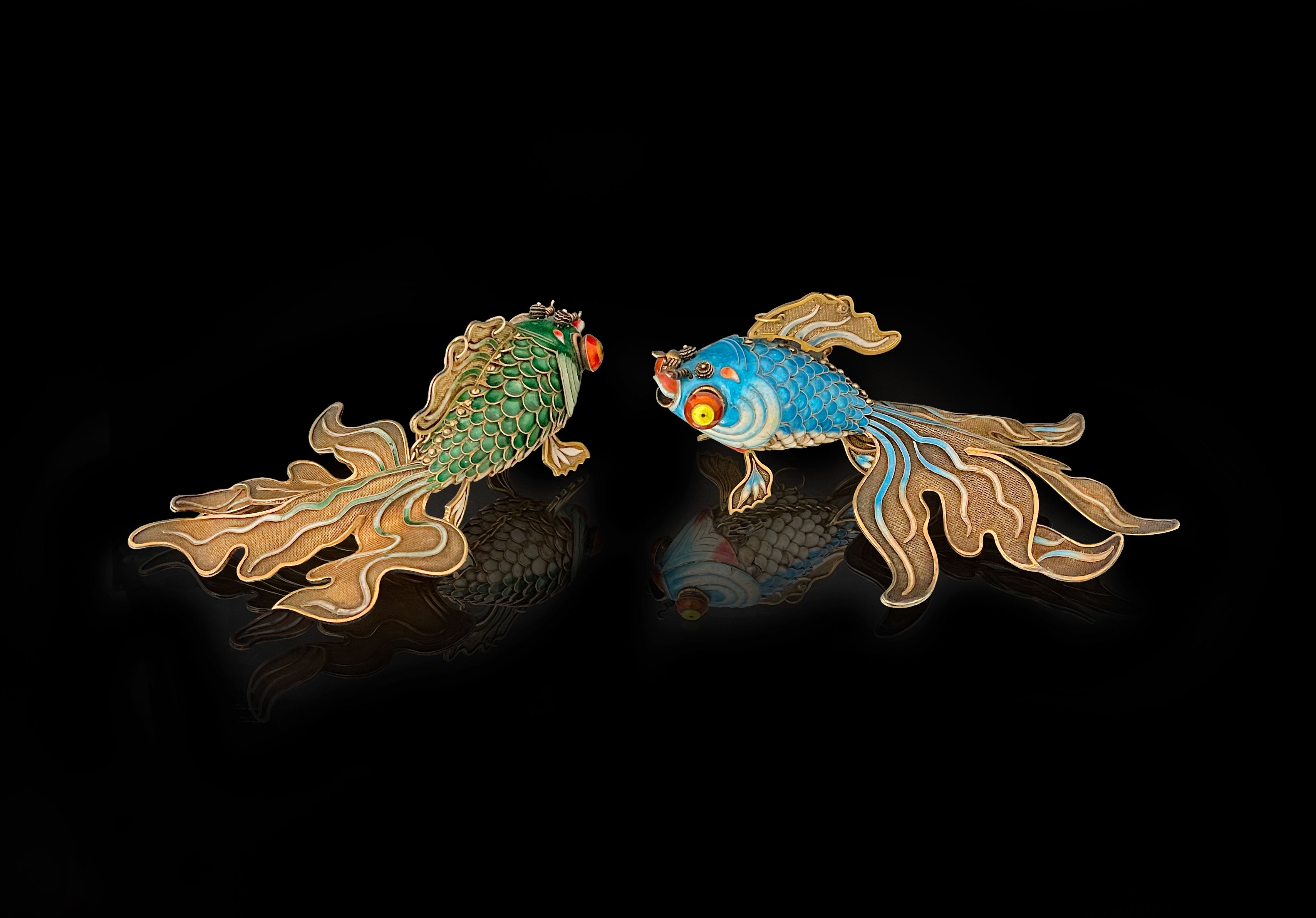Pair Of Chinese Enameled Gilt Silver Filigree Articulated Model Of Goldfishes
