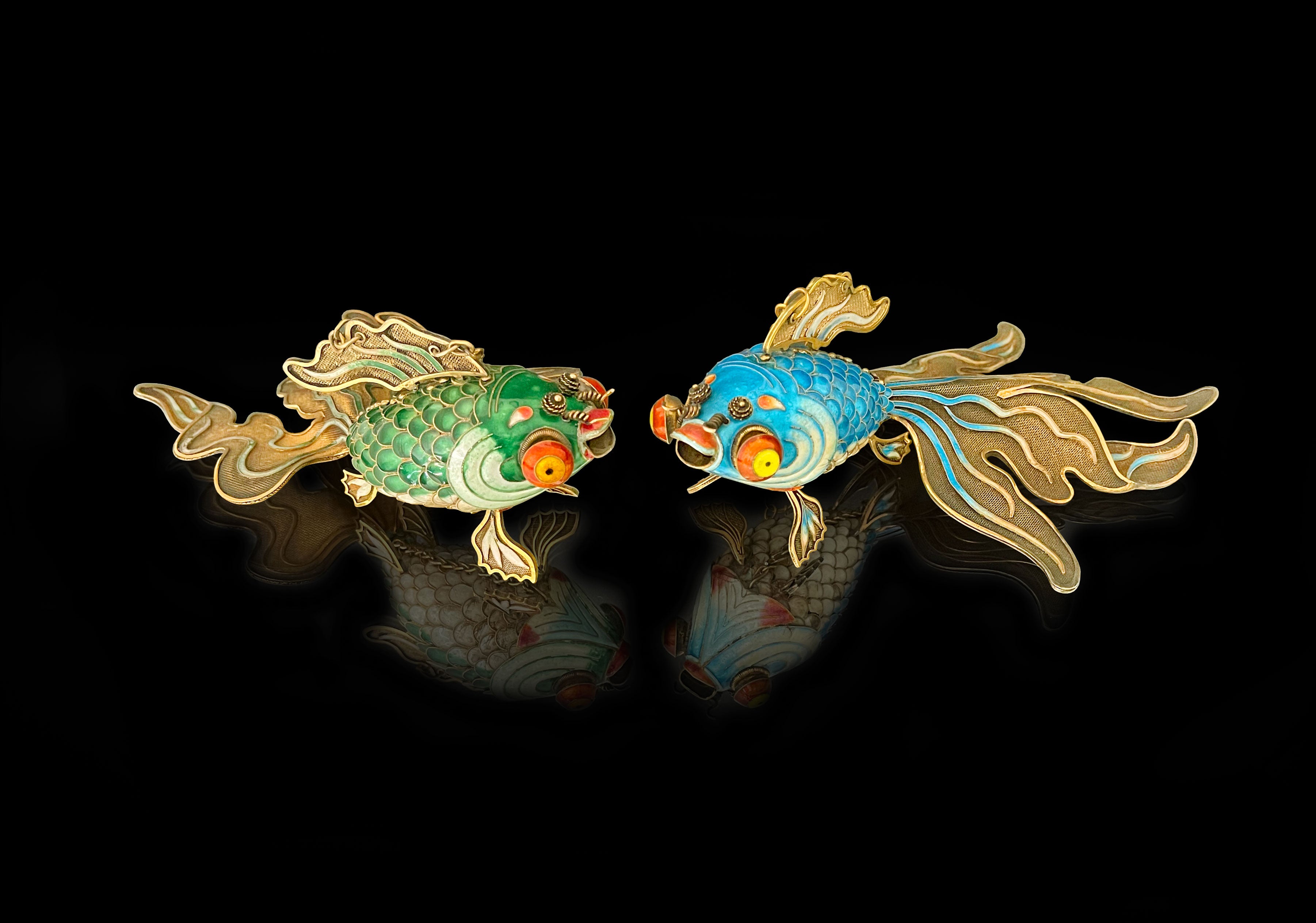 Pair Of Chinese Enameled Gilt Silver Filigree Articulated Model Of Goldfishes