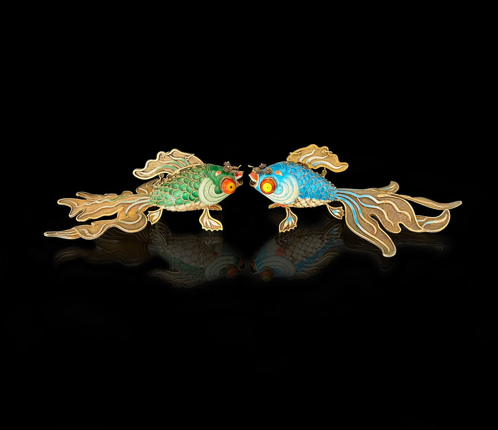Pair Of Chinese Enameled Gilt Silver Filigree Articulated Model Of Goldfishes
