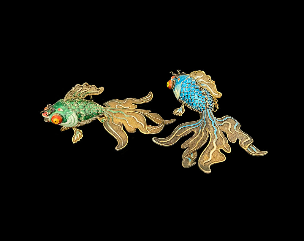 Pair Of Chinese Enameled Gilt Silver Filigree Articulated Model Of Goldfishes