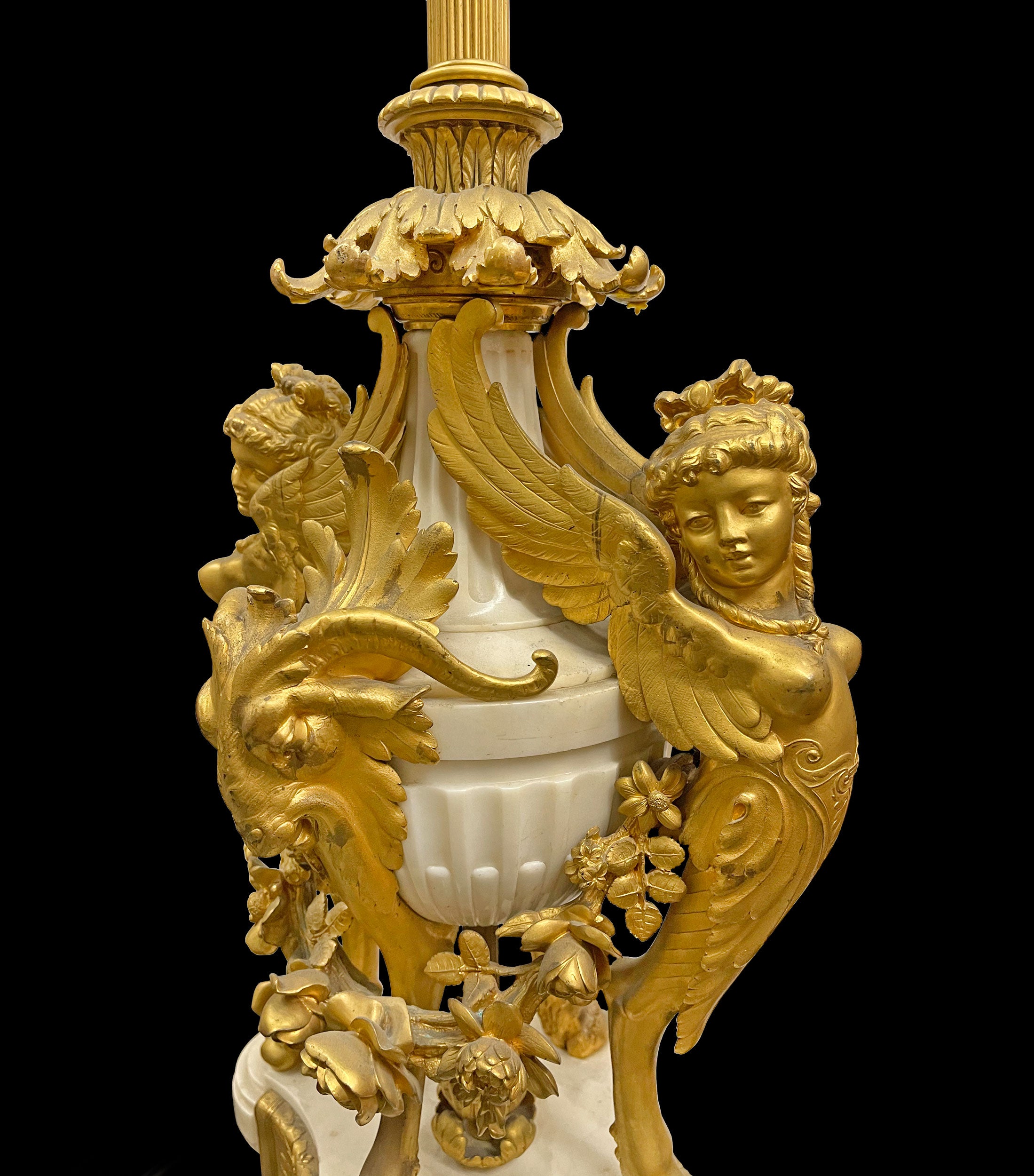 Pair Of Palatial Gilt Bronze & White Marble Candelabras