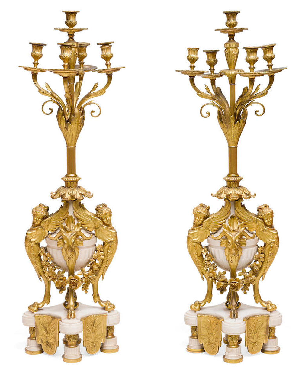 Pair Of Palatial Gilt Bronze & White Marble Candelabras