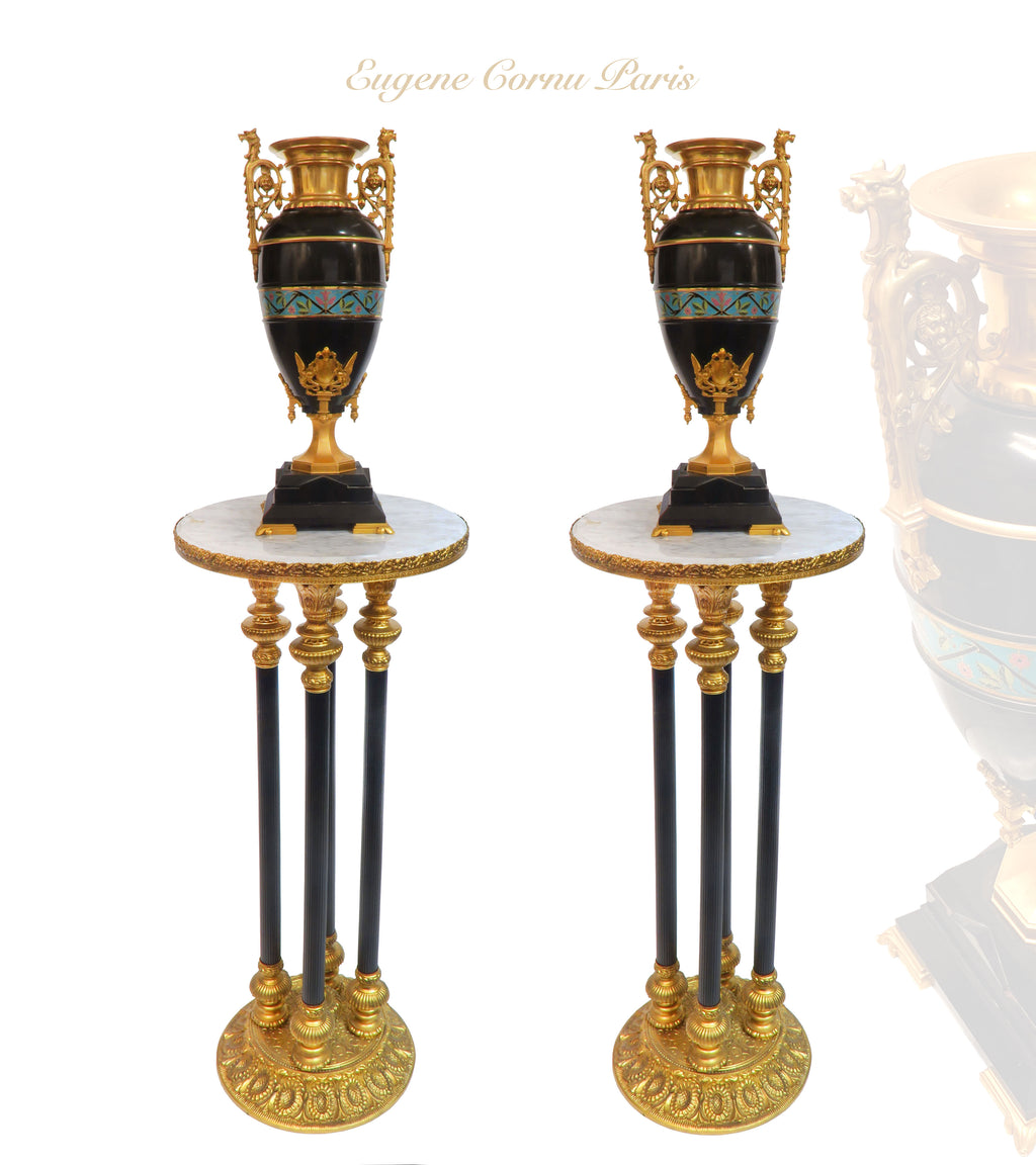 Pair of 19th C. French Black Marble & Champleve Enamel Gilt Bronze Vases