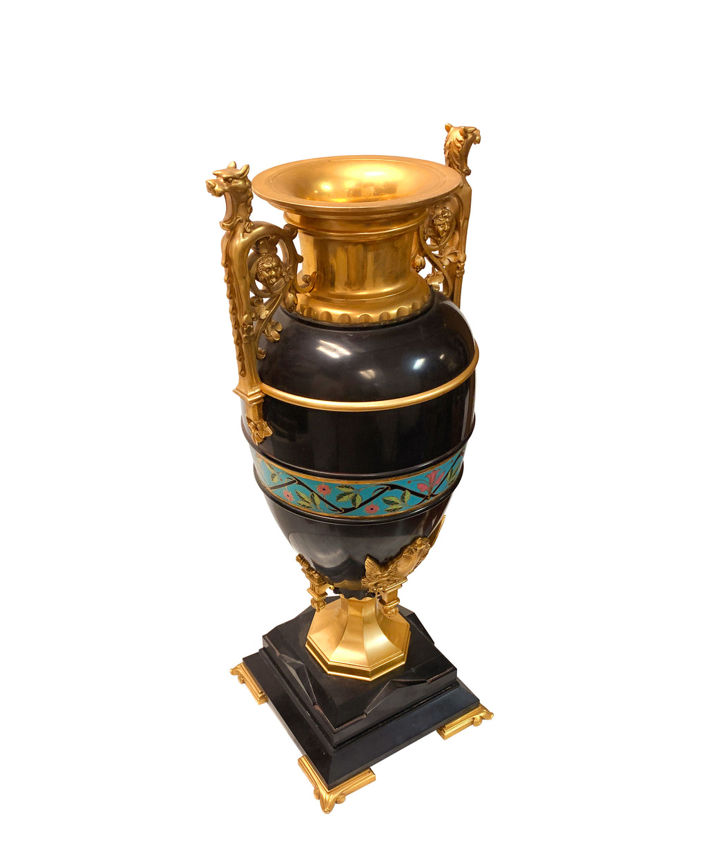 Pair of 19th C. French Black Marble & Champleve Enamel Gilt Bronze Vases