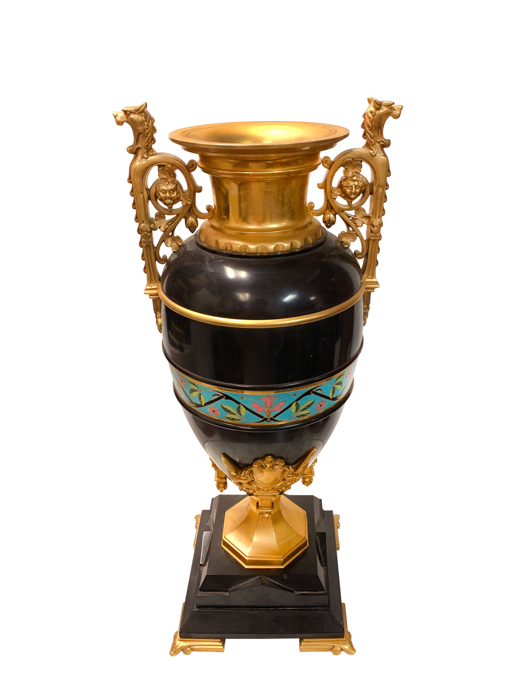 Pair of 19th C. French Black Marble & Champleve Enamel Gilt Bronze Vases