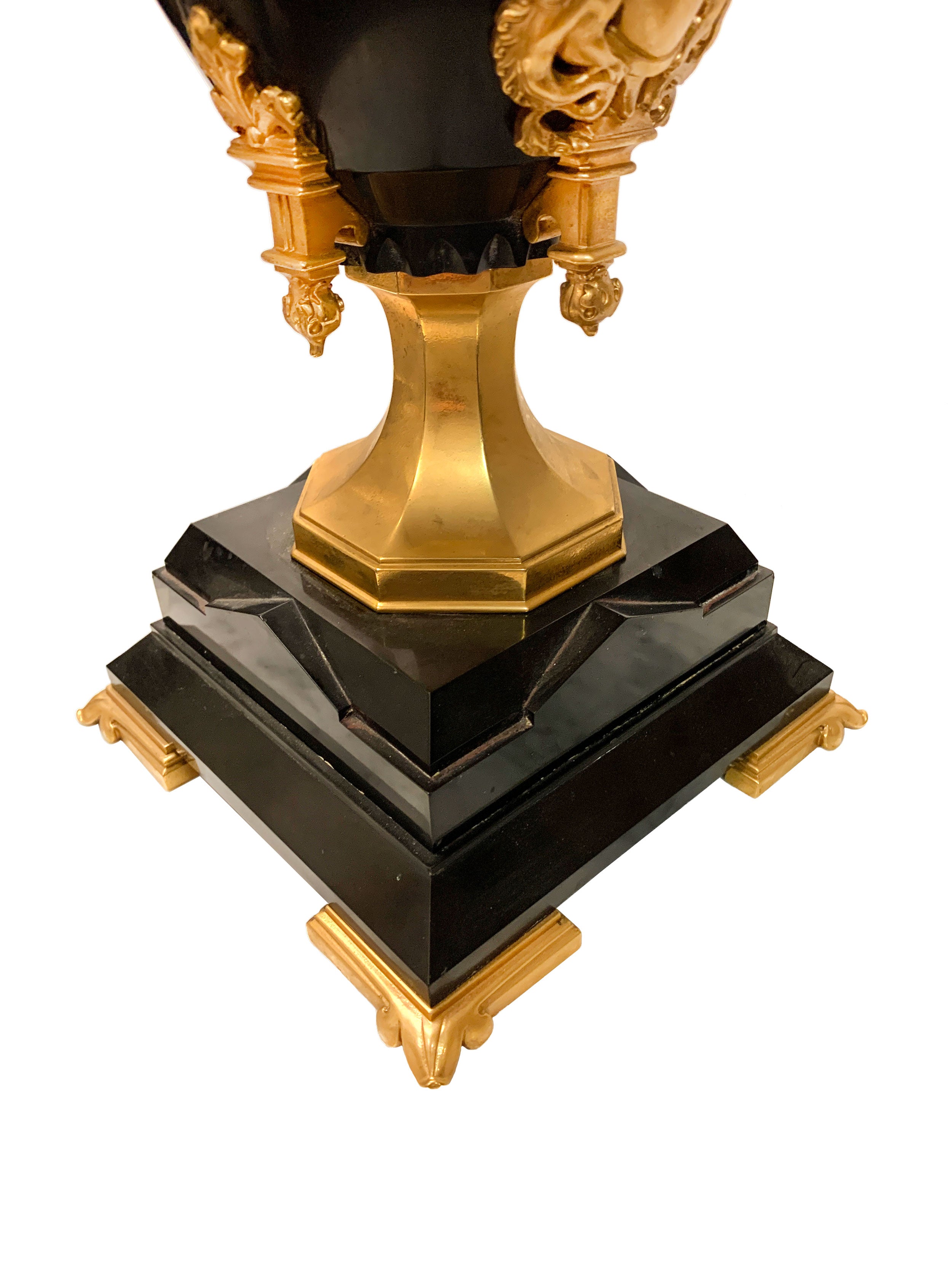 Pair of 19th C. French Black Marble & Champleve Enamel Gilt Bronze Vases