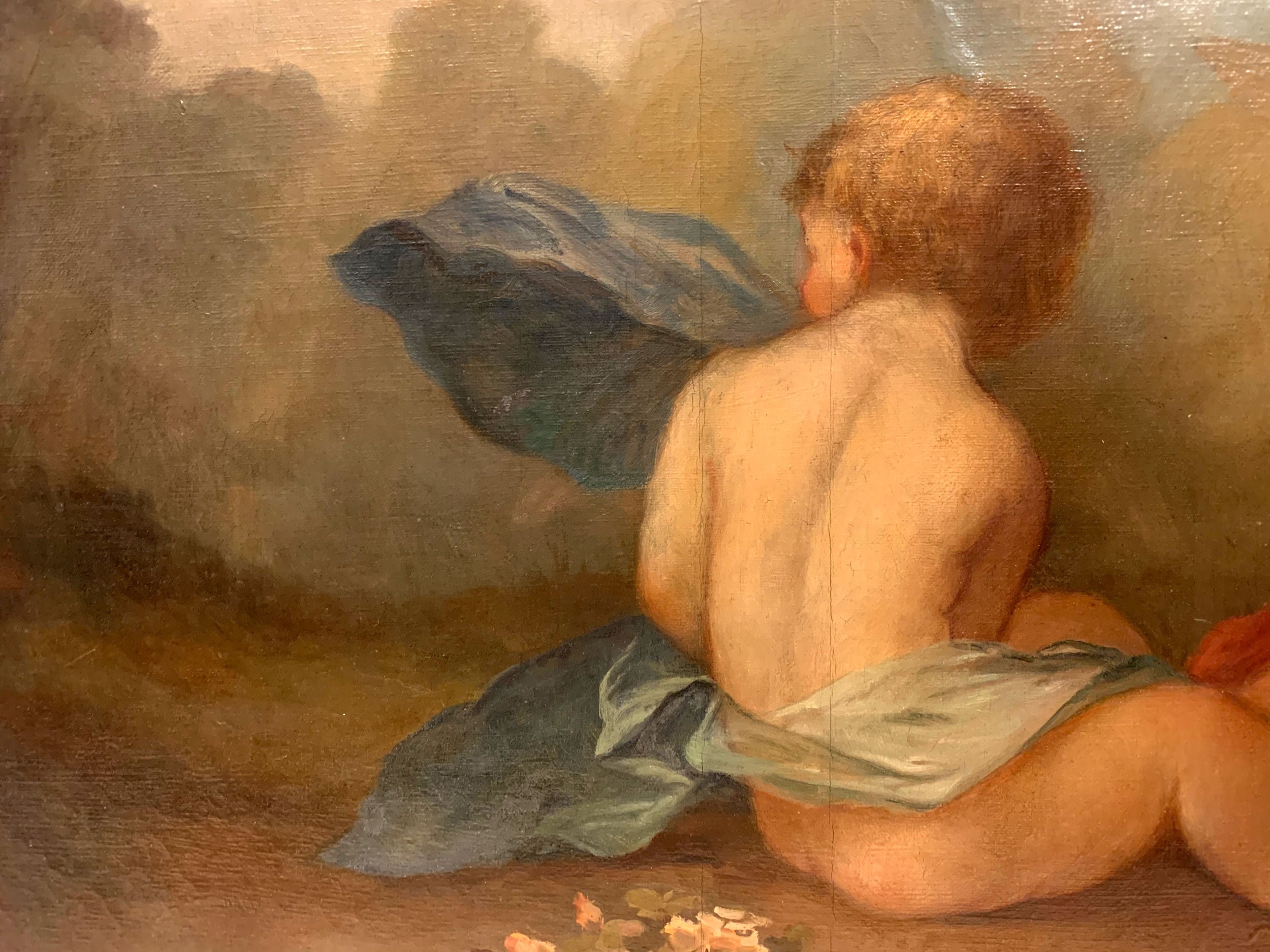 19th C. French Oil on Canvas Painting of Cupids Playing