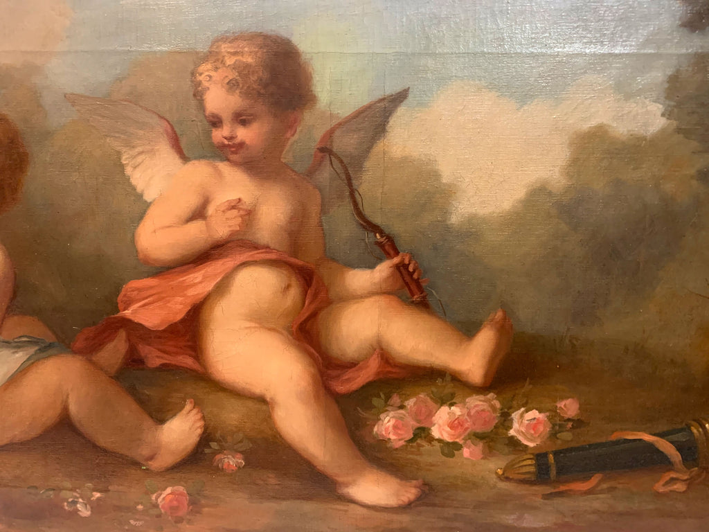 19th C. French Oil on Canvas Painting of Cupids Playing