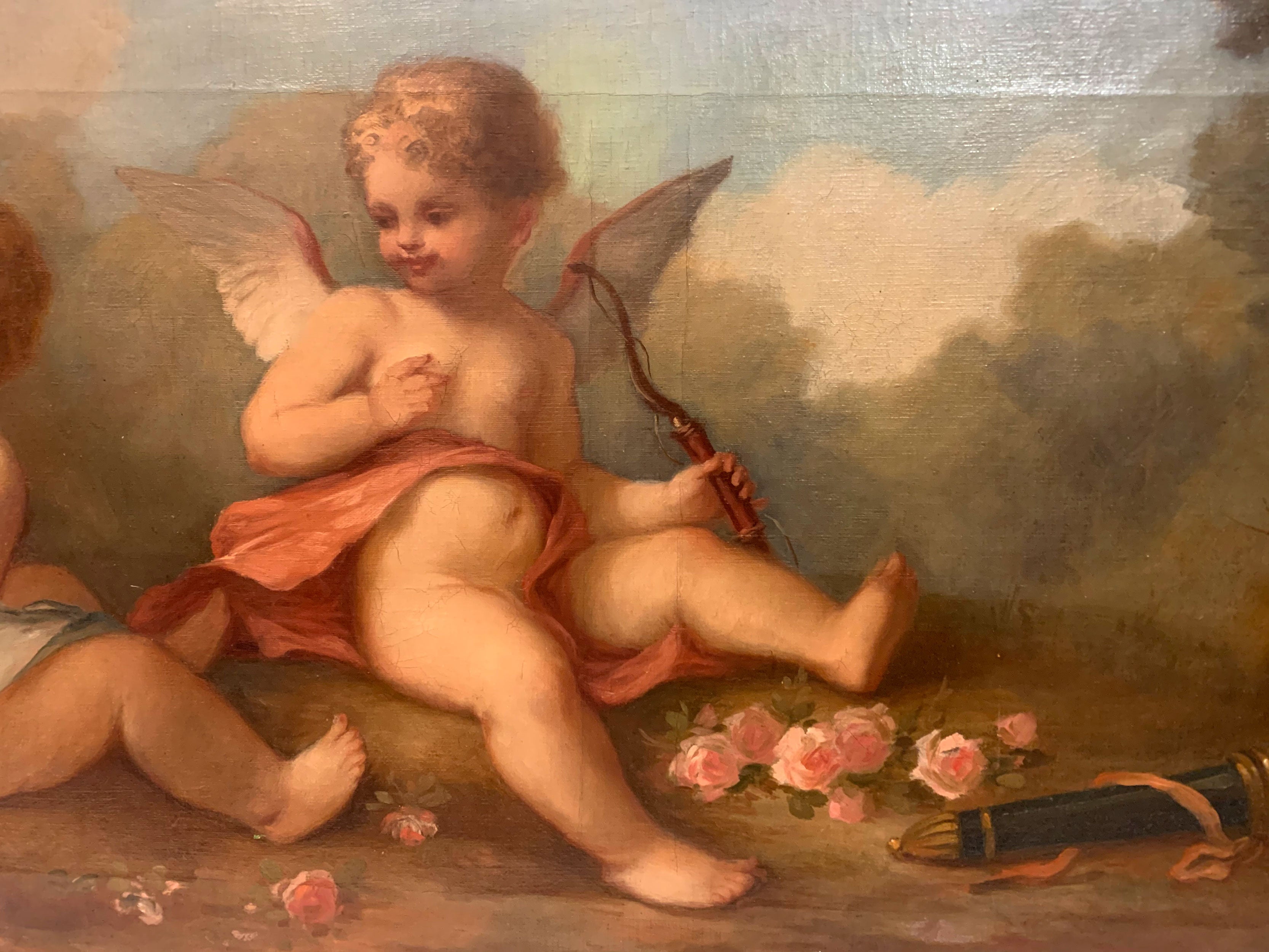 19th C. French Oil on Canvas Painting of Cupids Playing