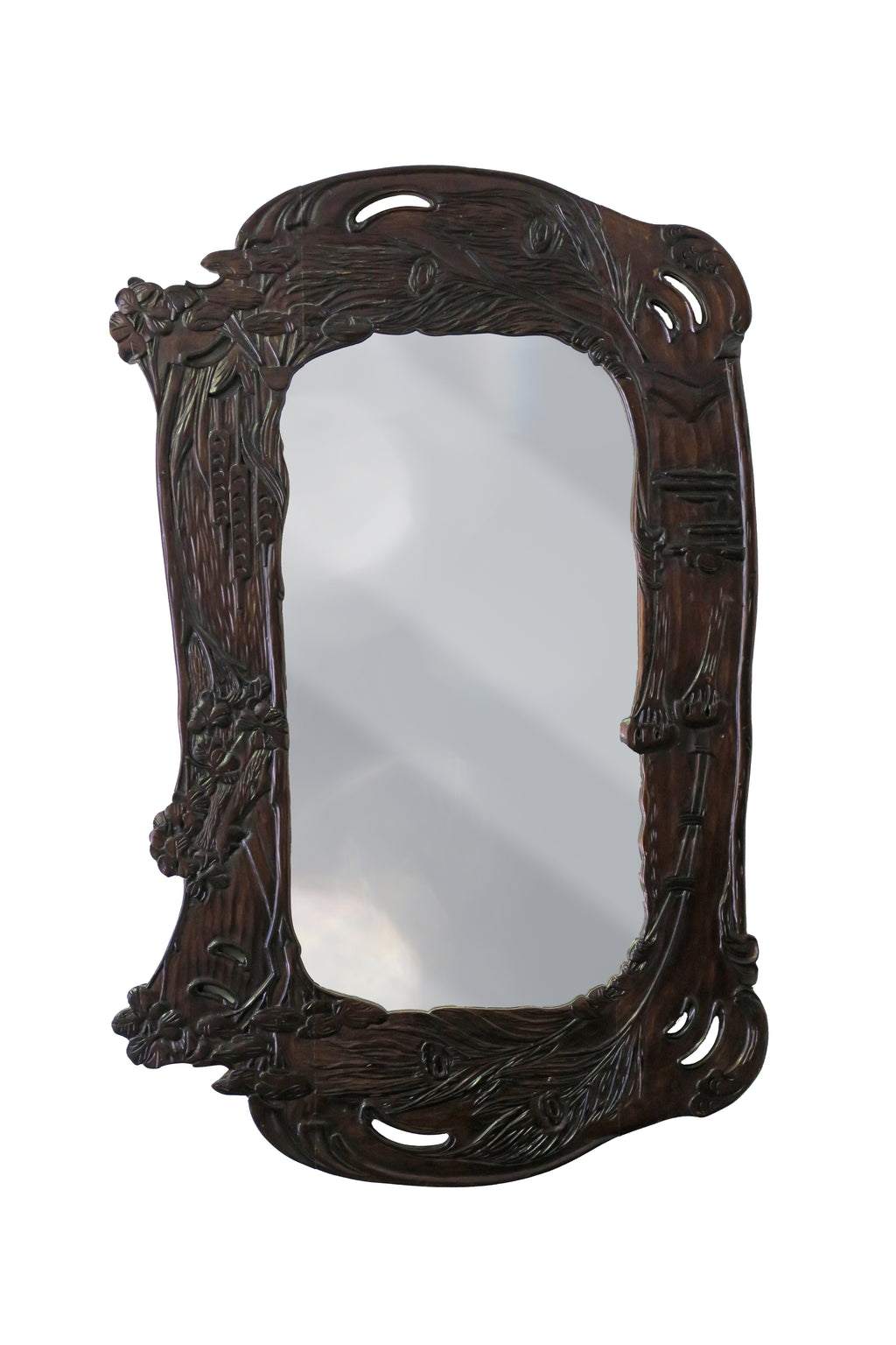 A Pair of Art Nouveau Hand Carved Walnut Mirrors