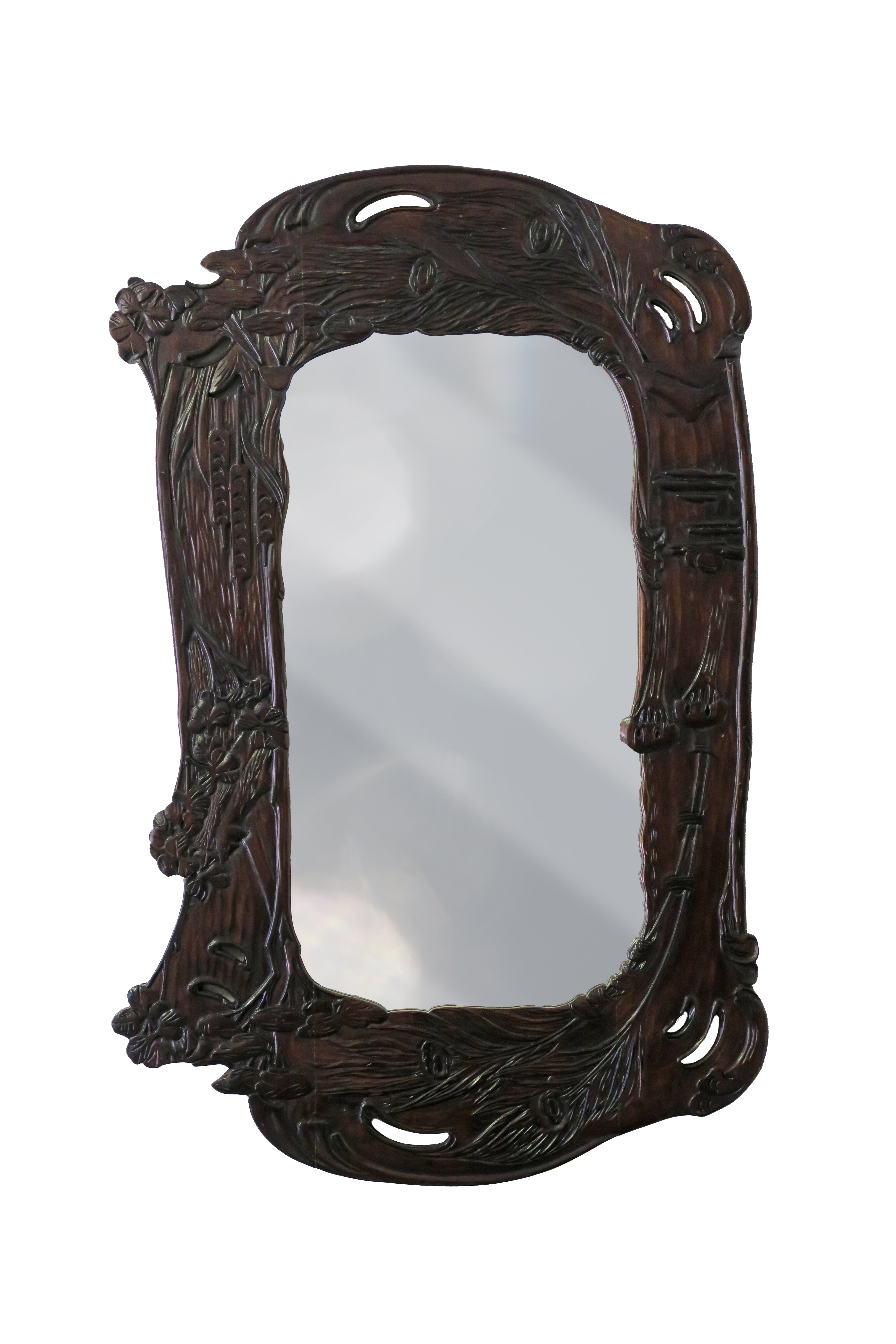A Pair of Art Nouveau Hand Carved Walnut Mirrors