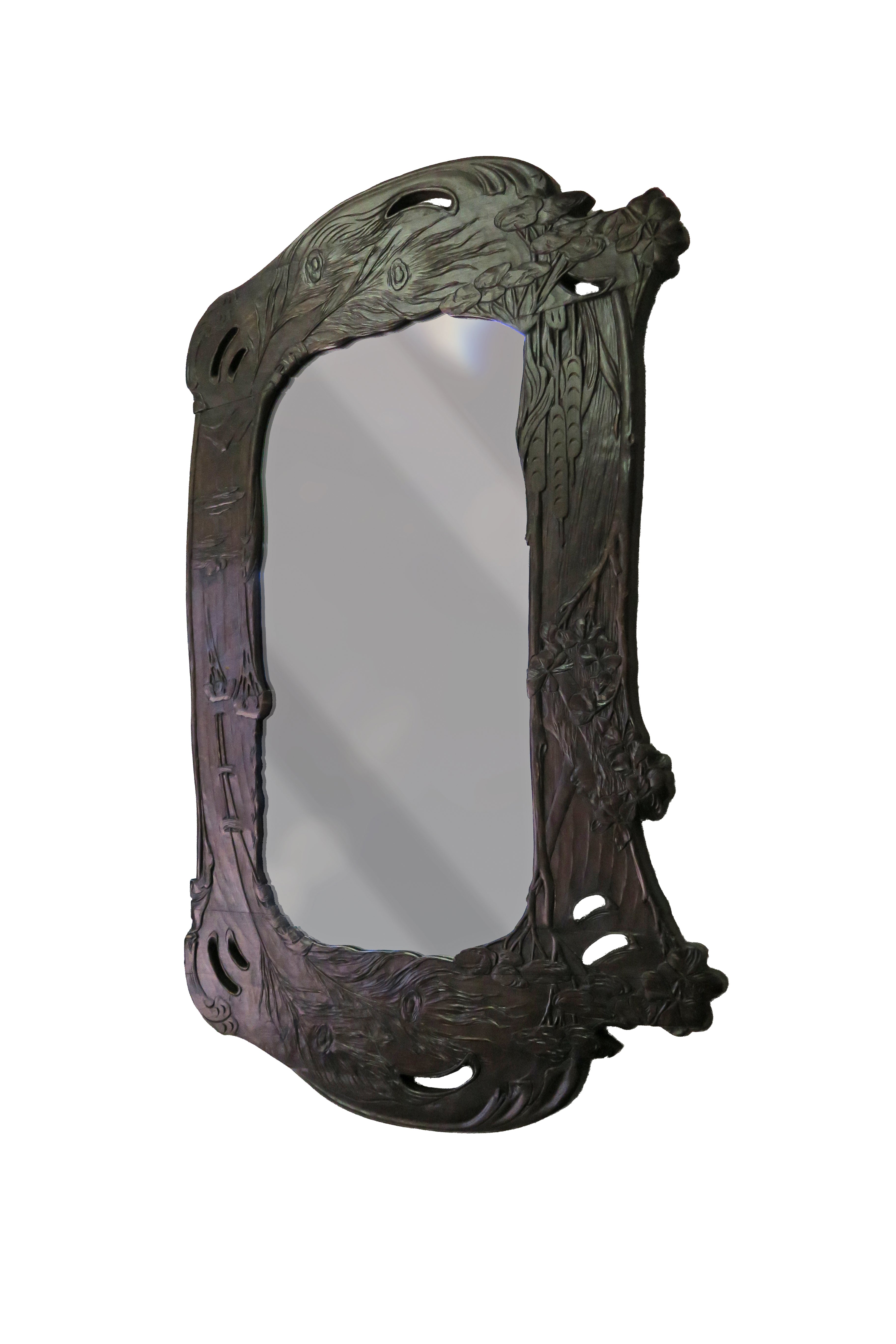 A Pair of Art Nouveau Hand Carved Walnut Mirrors