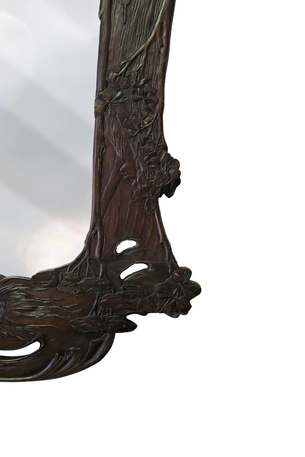 A Pair of Art Nouveau Hand Carved Walnut Mirrors