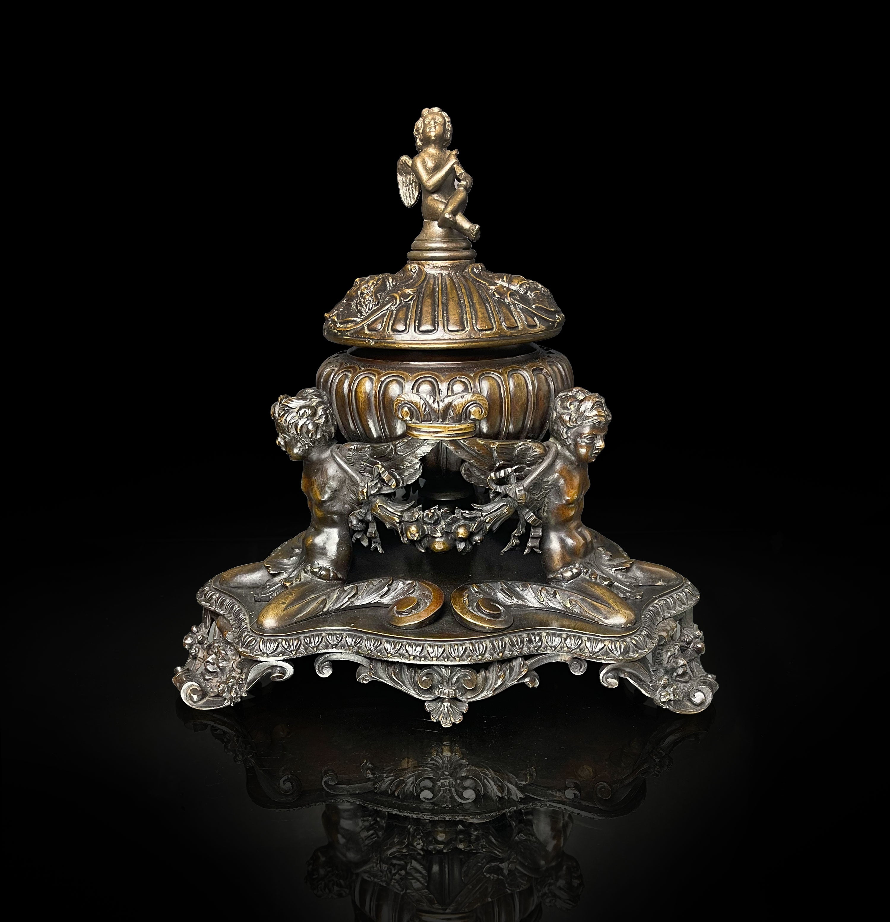 An Elaborated Renaissance Style Patinated Bronze Inkwell by e.f. Caldwell & Co.
