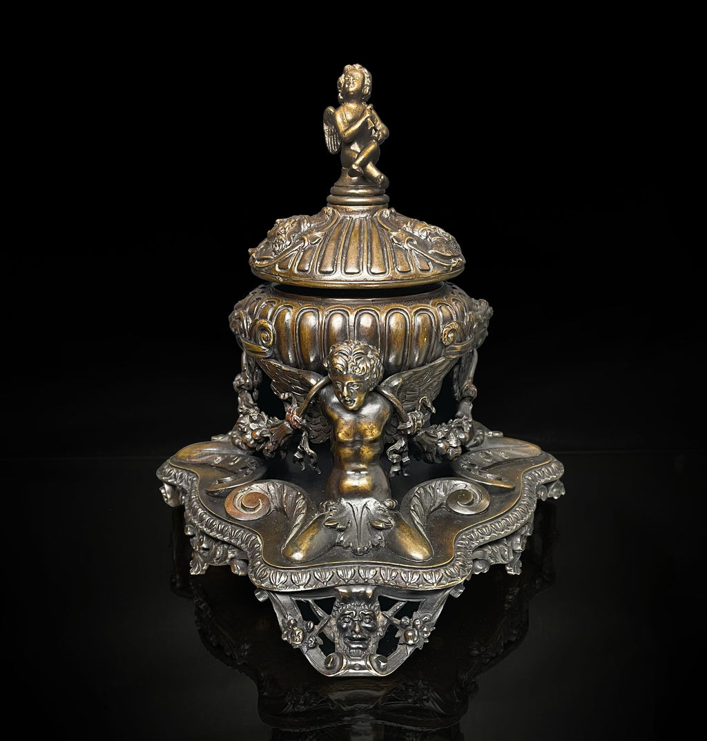An Elaborated Renaissance Style Patinated Bronze Inkwell by e.f. Caldwell & Co.