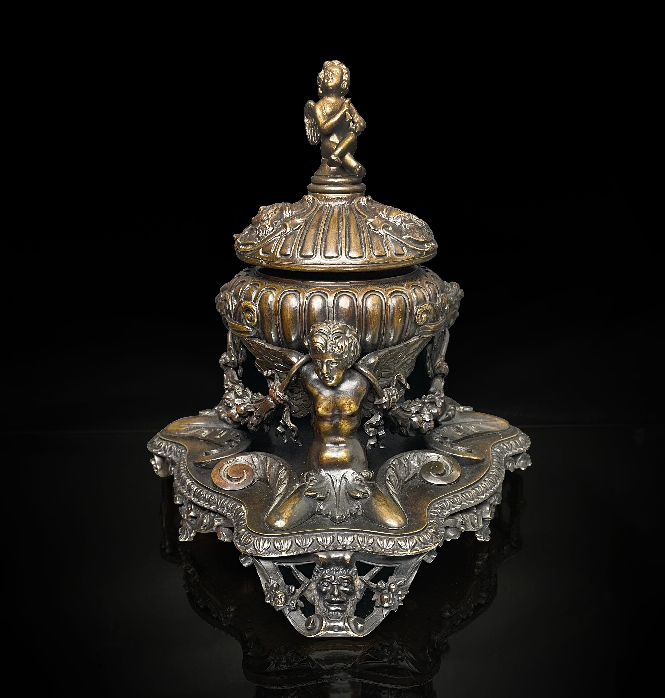 An Elaborated Renaissance Style Patinated Bronze Inkwell by e.f. Caldwell & Co.