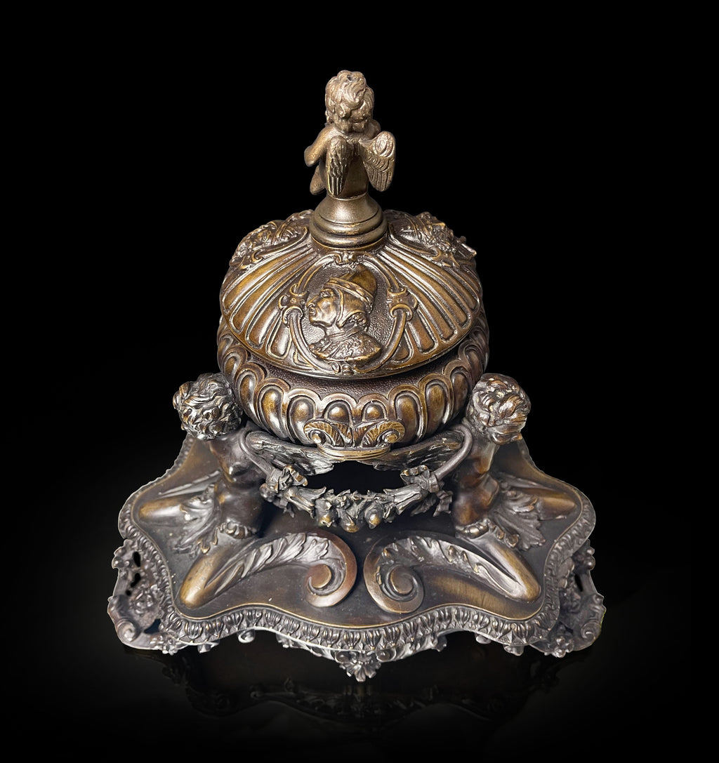 An Elaborated Renaissance Style Patinated Bronze Inkwell by e.f. Caldwell & Co.