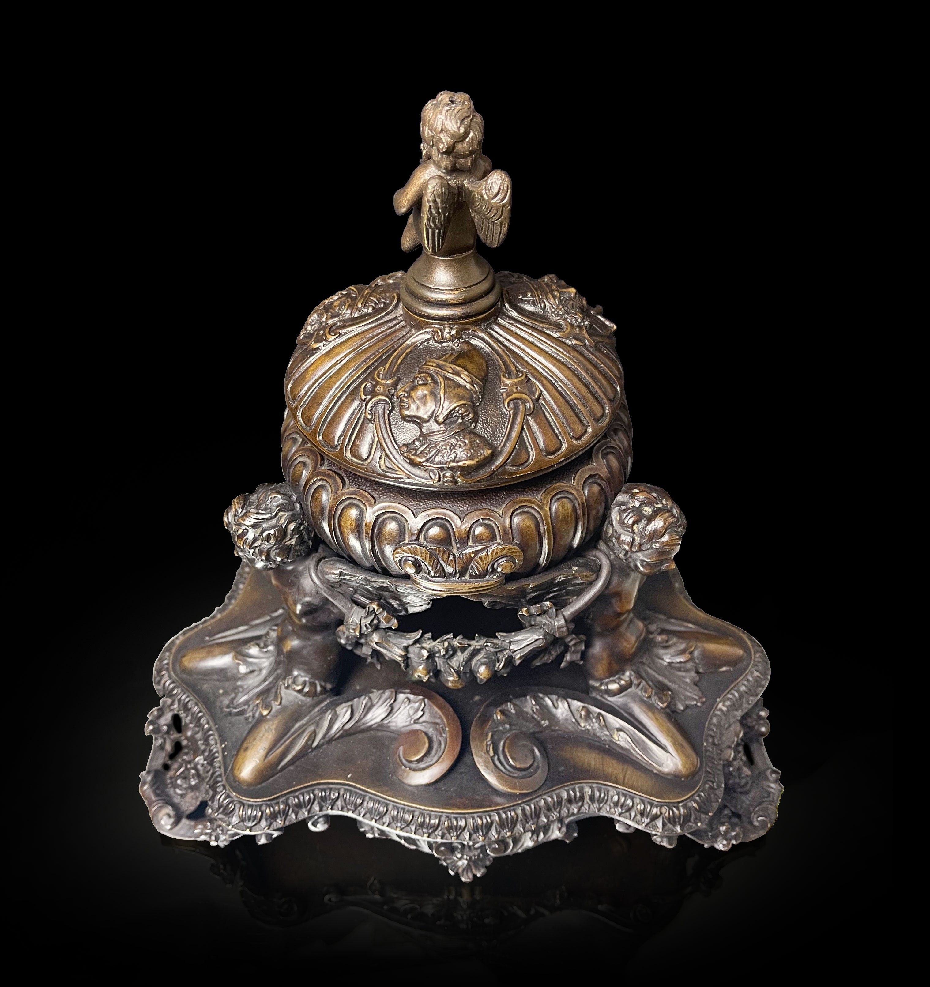 An Elaborated Renaissance Style Patinated Bronze Inkwell by e.f. Caldwell & Co.