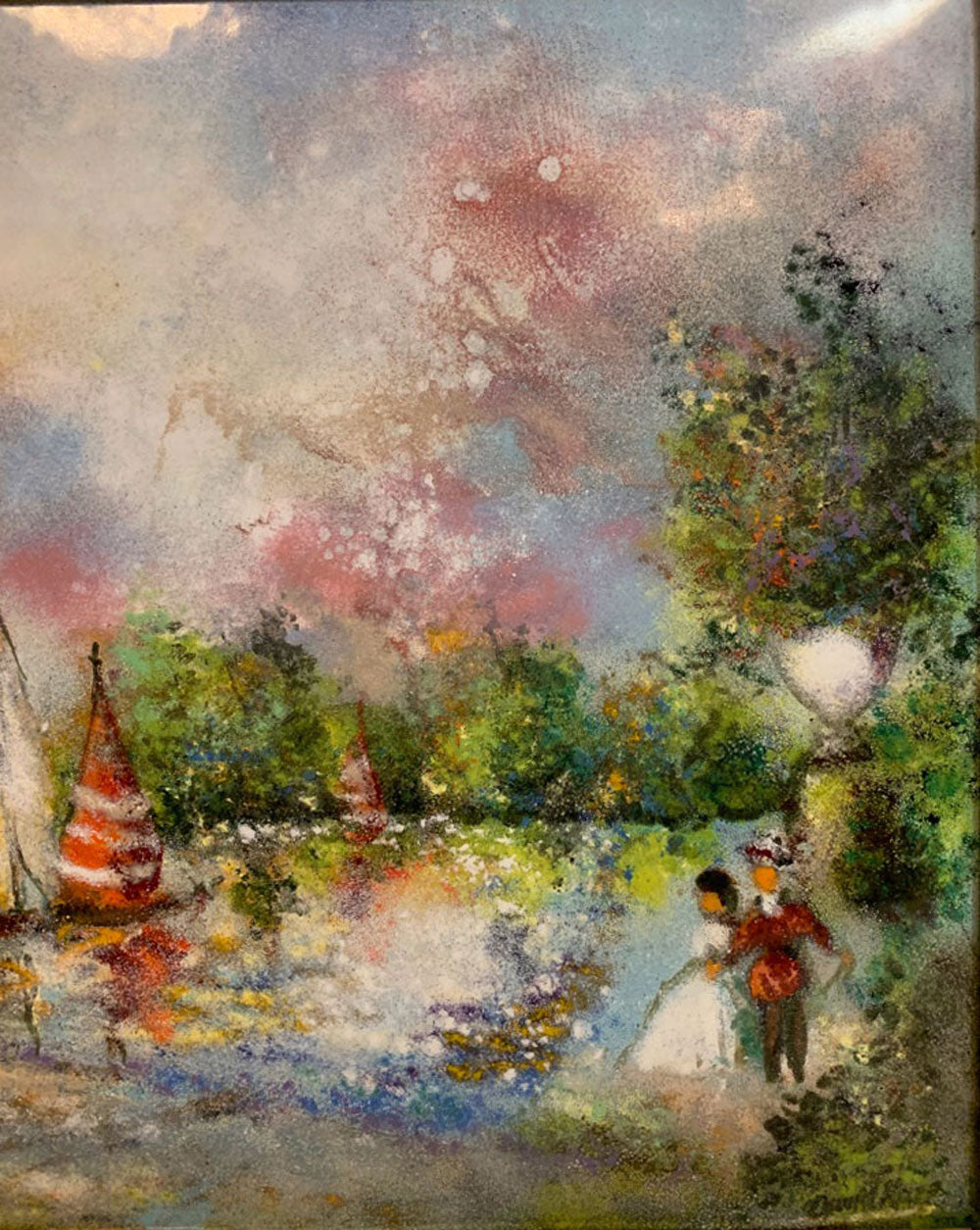 Modern Art Framed Enamel on Copper Painting