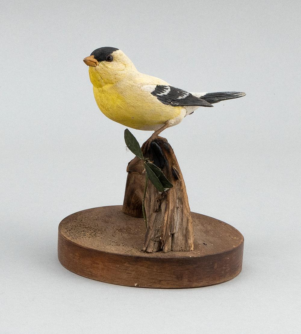 ROBERT & VIRGINIA WARFIELD GOLDFINCH ON WOODEN BASE