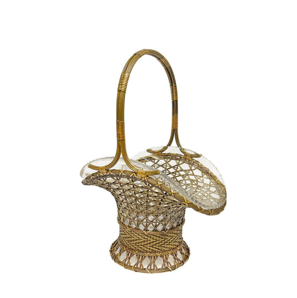 A Large 19th C. French Wire Mesh Bronze and Cut Crystal Basket Jardiniere
