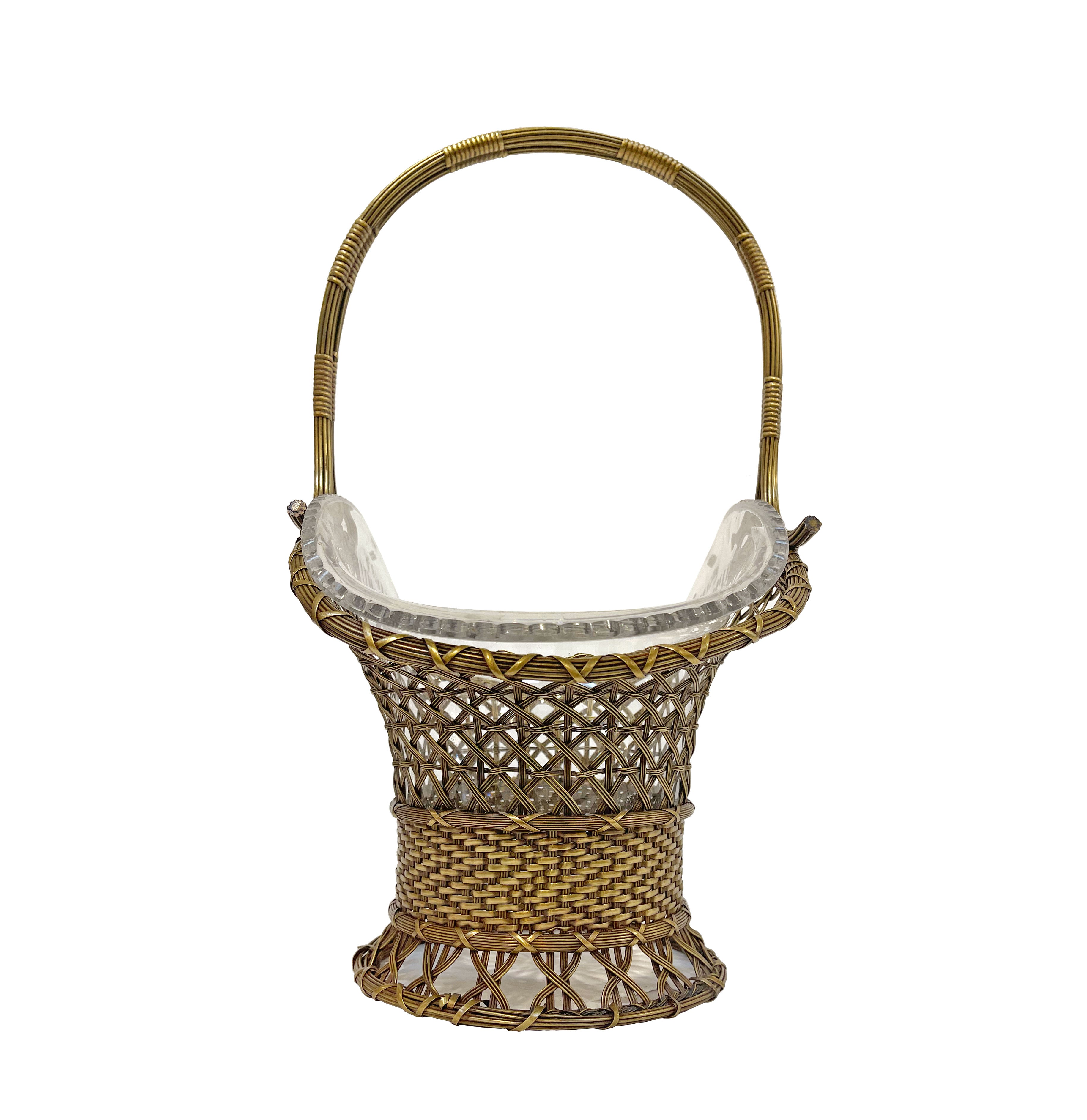 A Large 19th C. French Wire Mesh Bronze and Cut Crystal Basket Jardiniere