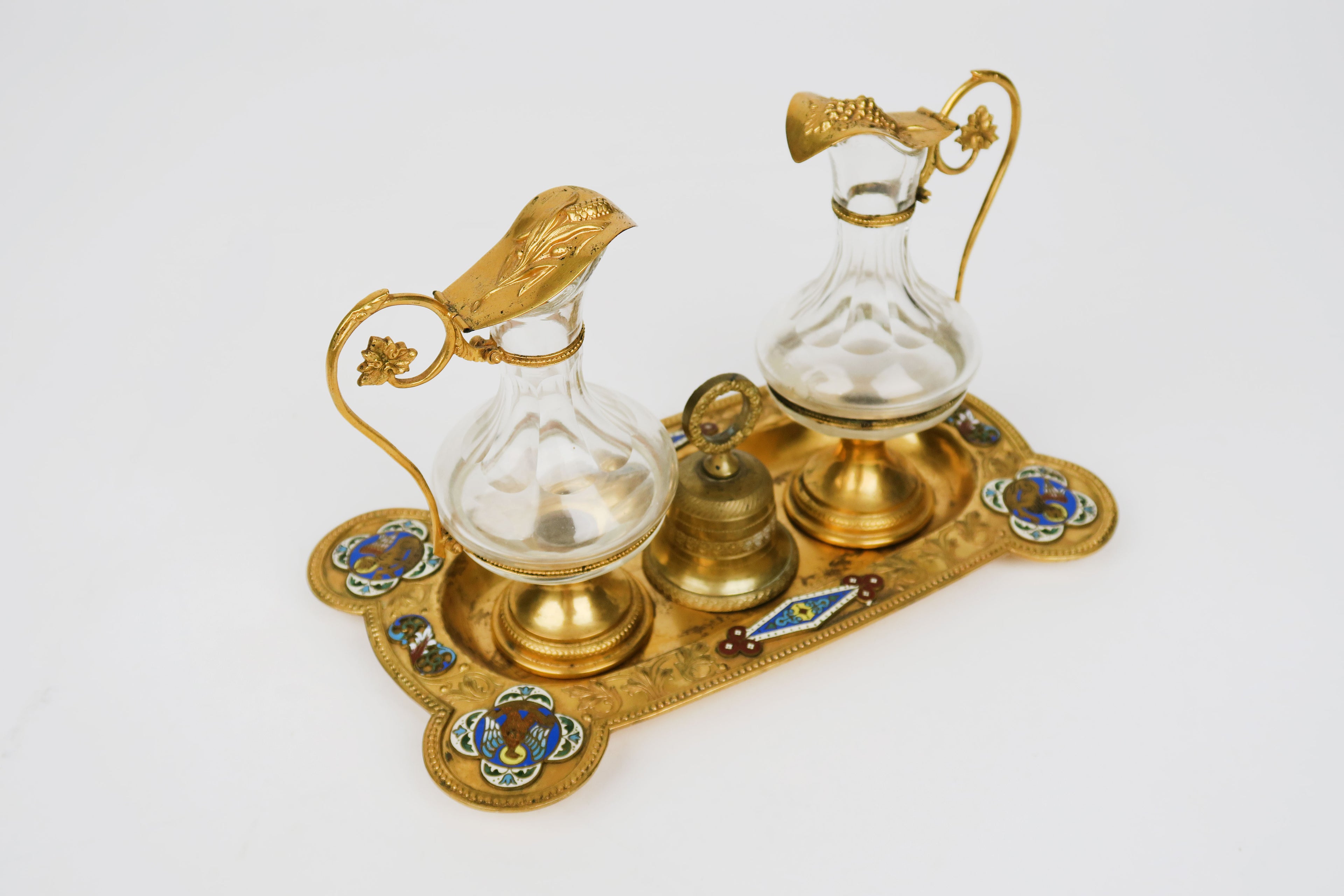 19th C. French Champleve Enamel Over gilt Bronze Baccarat & Crystal Cruet Set