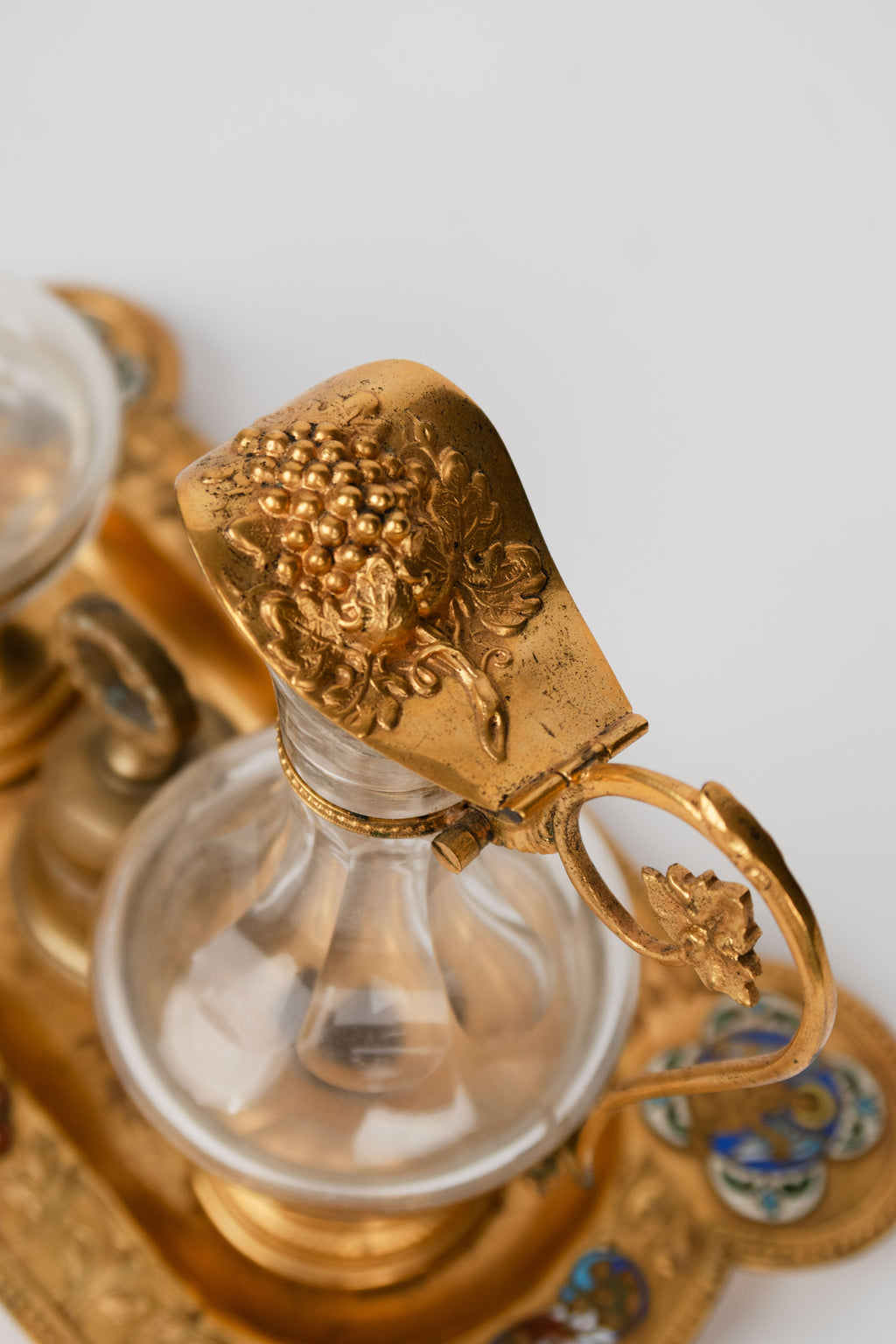 19th C. French Champleve Enamel Over gilt Bronze Baccarat & Crystal Cruet Set