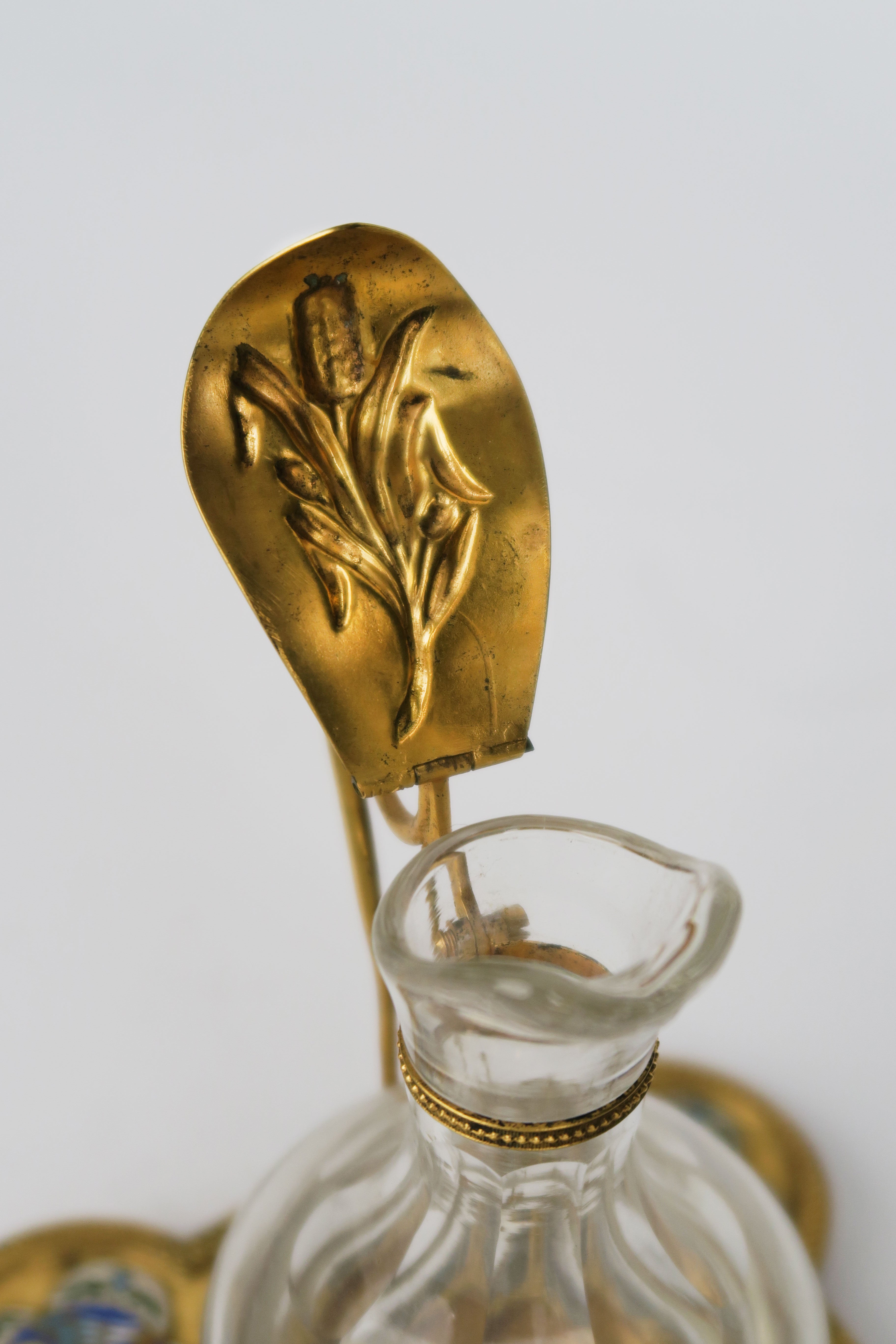 19th C. French Champleve Enamel Over gilt Bronze Baccarat & Crystal Cruet Set