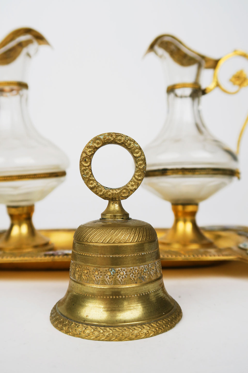 19th C. French Champleve Enamel Over gilt Bronze Baccarat & Crystal Cruet Set
